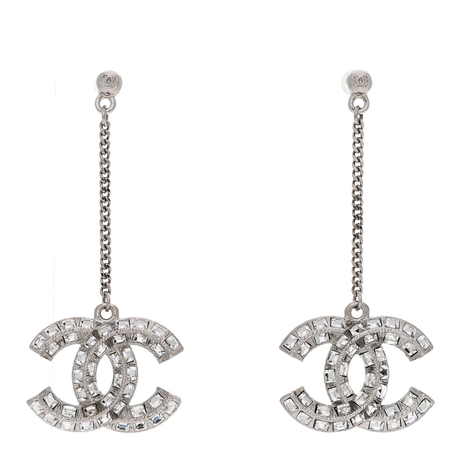 Baguette Crystal CC Drop Earrings Silver
