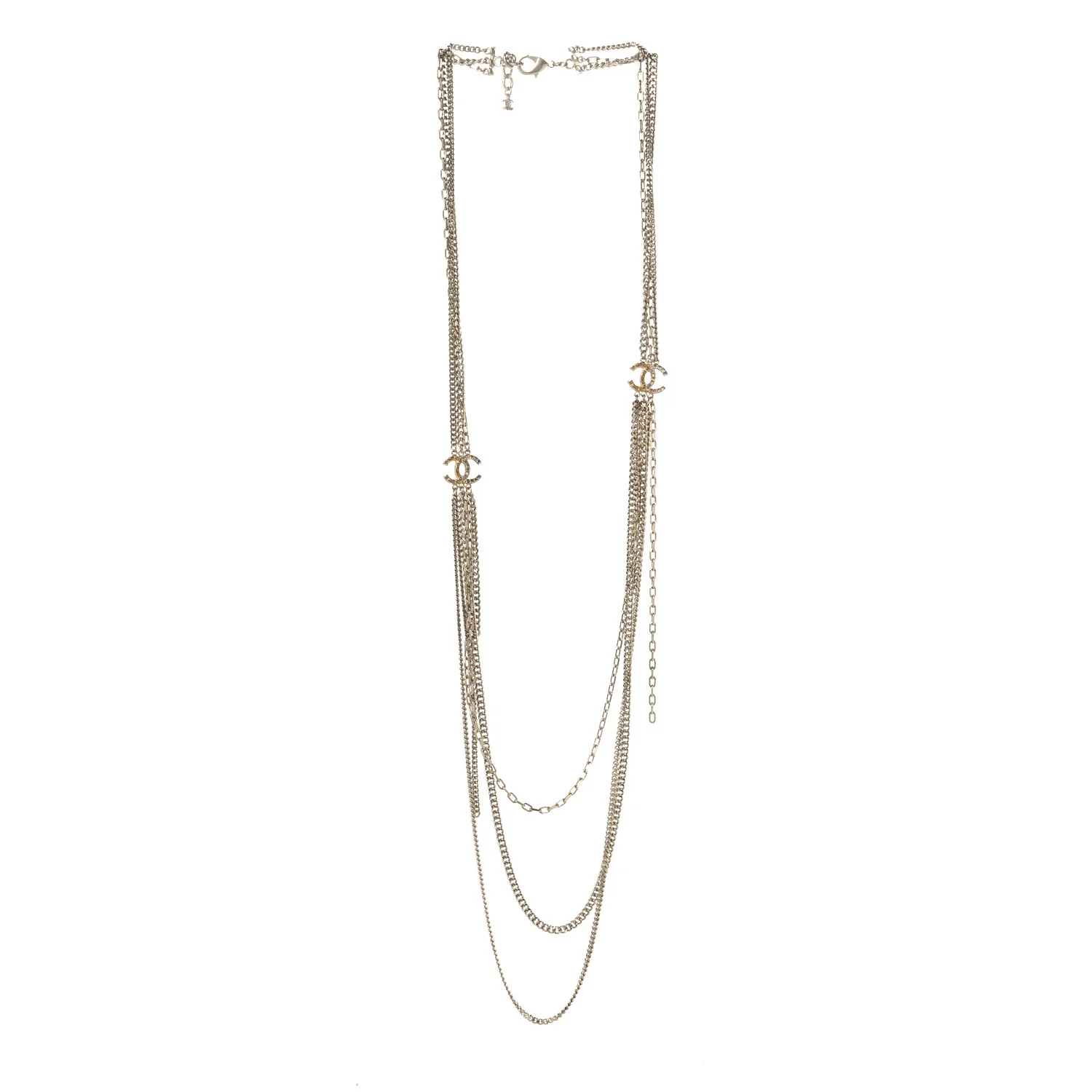 Baguette Crystal Gripoix Poured Glass CC Multi Strand Chain Necklace Light Gold - Image 5