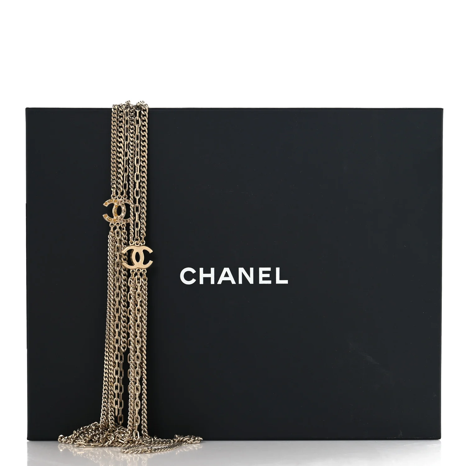Baguette Crystal Gripoix Poured Glass CC Multi Strand Chain Necklace Light Gold - Image 9