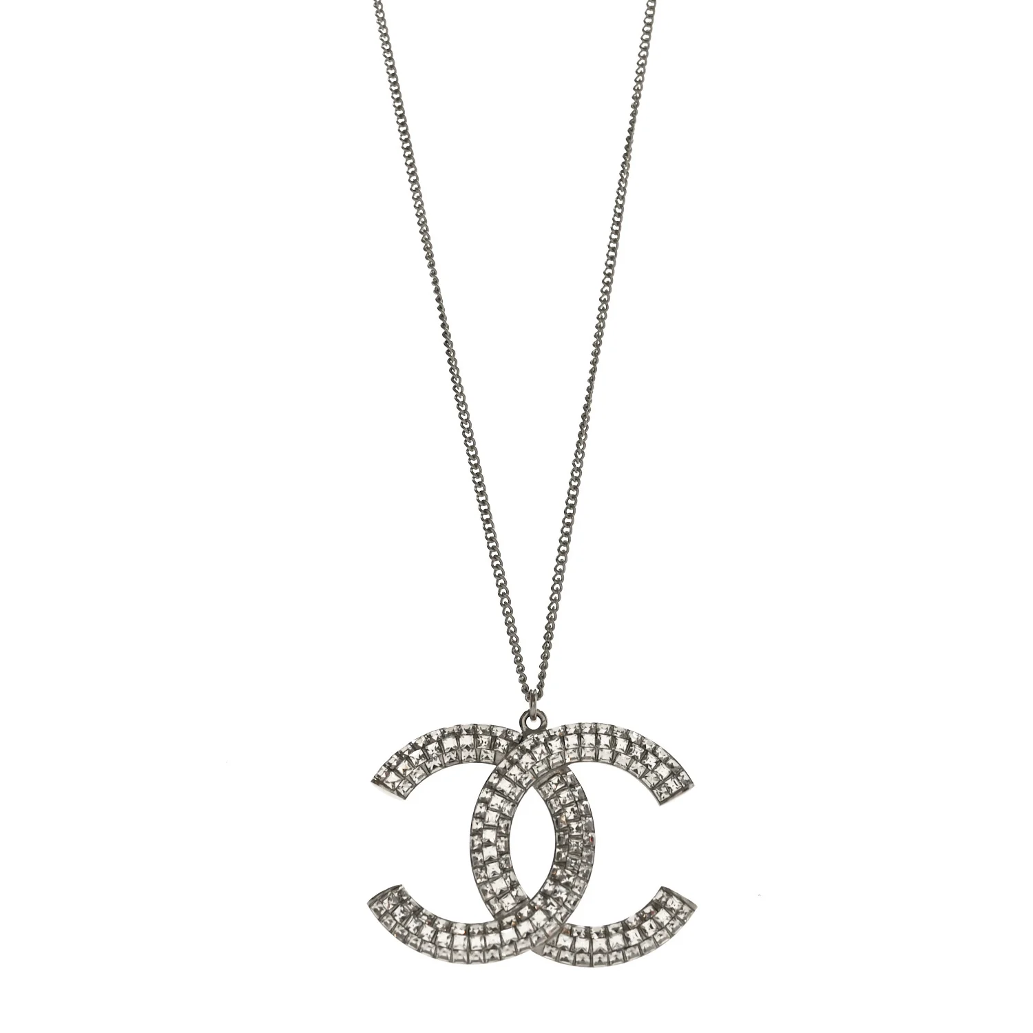Baguette Crystal Large CC Pendant Necklace Silver