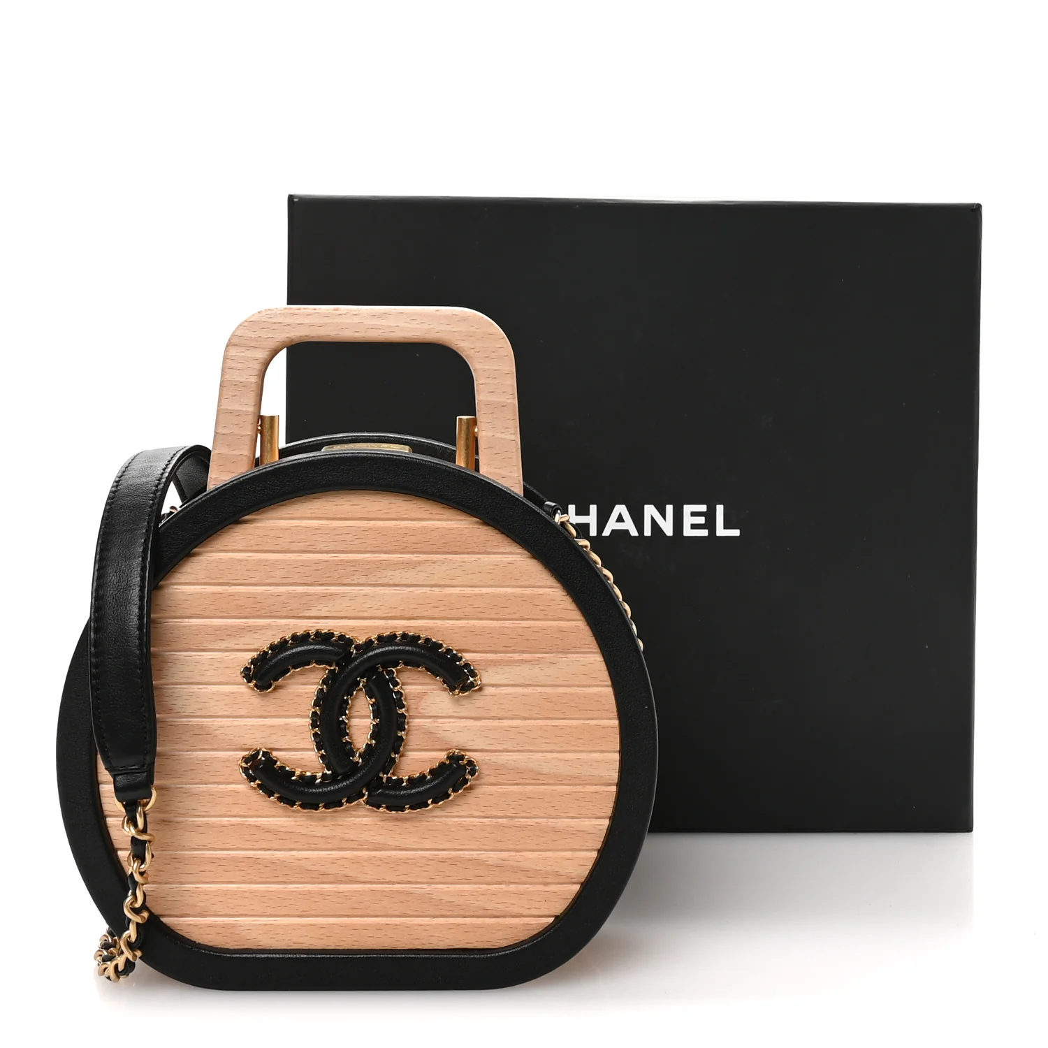 Beech Wood Lambskin Round CC Vanity Case Black - Image 11