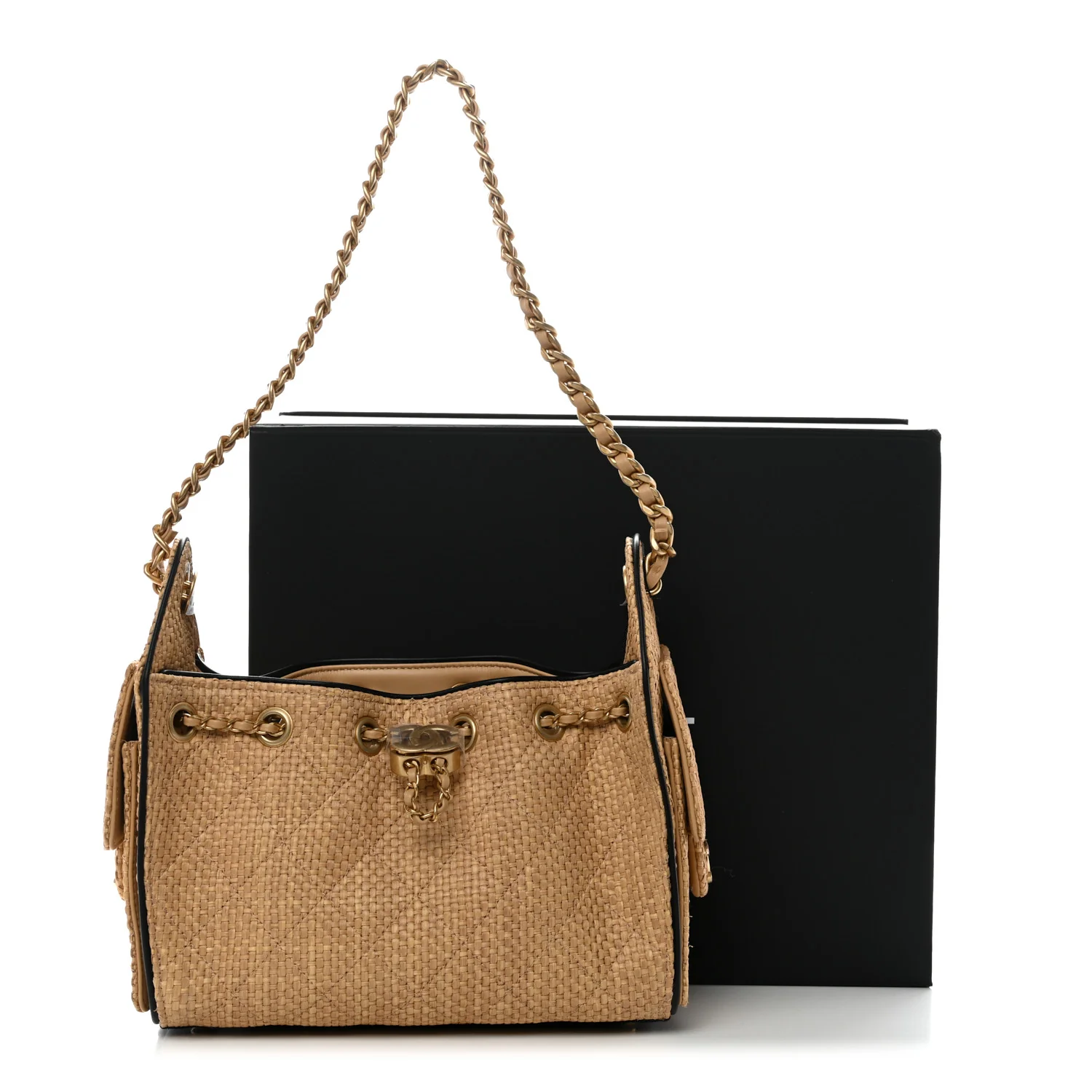 Braided Raffia Calfskin Mini Chanel 25 Handbag Beige Black - Image 30