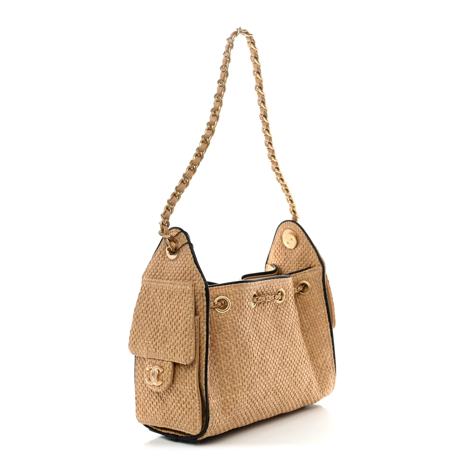 Braided Raffia Calfskin Mini Chanel 25 Handbag Beige Black - Image 6