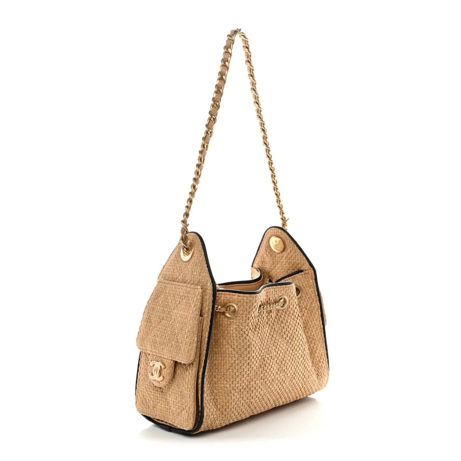 Braided Raffia Calfskin Mini Chanel 25 Handbag Beige Black - Image 3