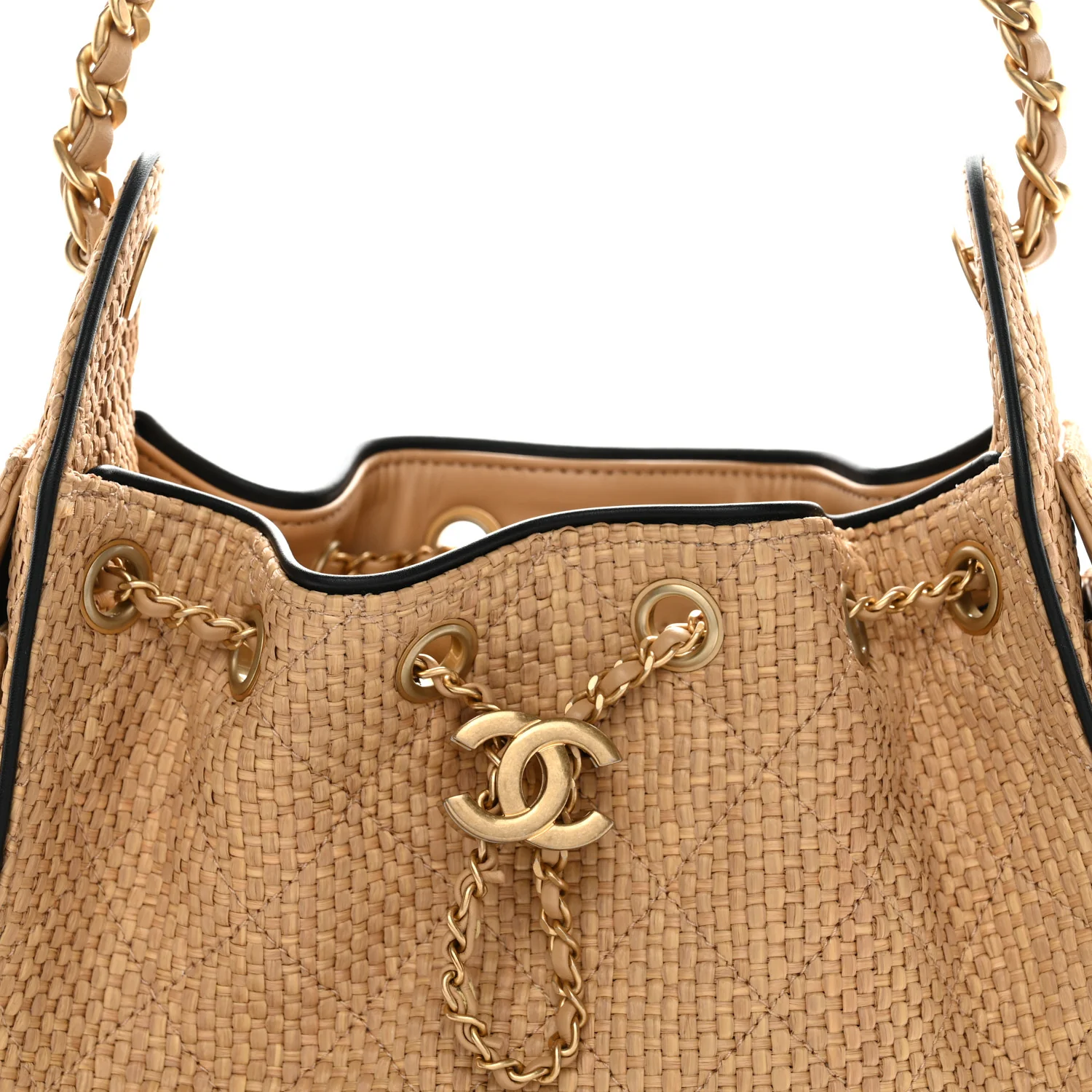 Braided Raffia Calfskin Mini Chanel 25 Handbag Beige Black - Image 8