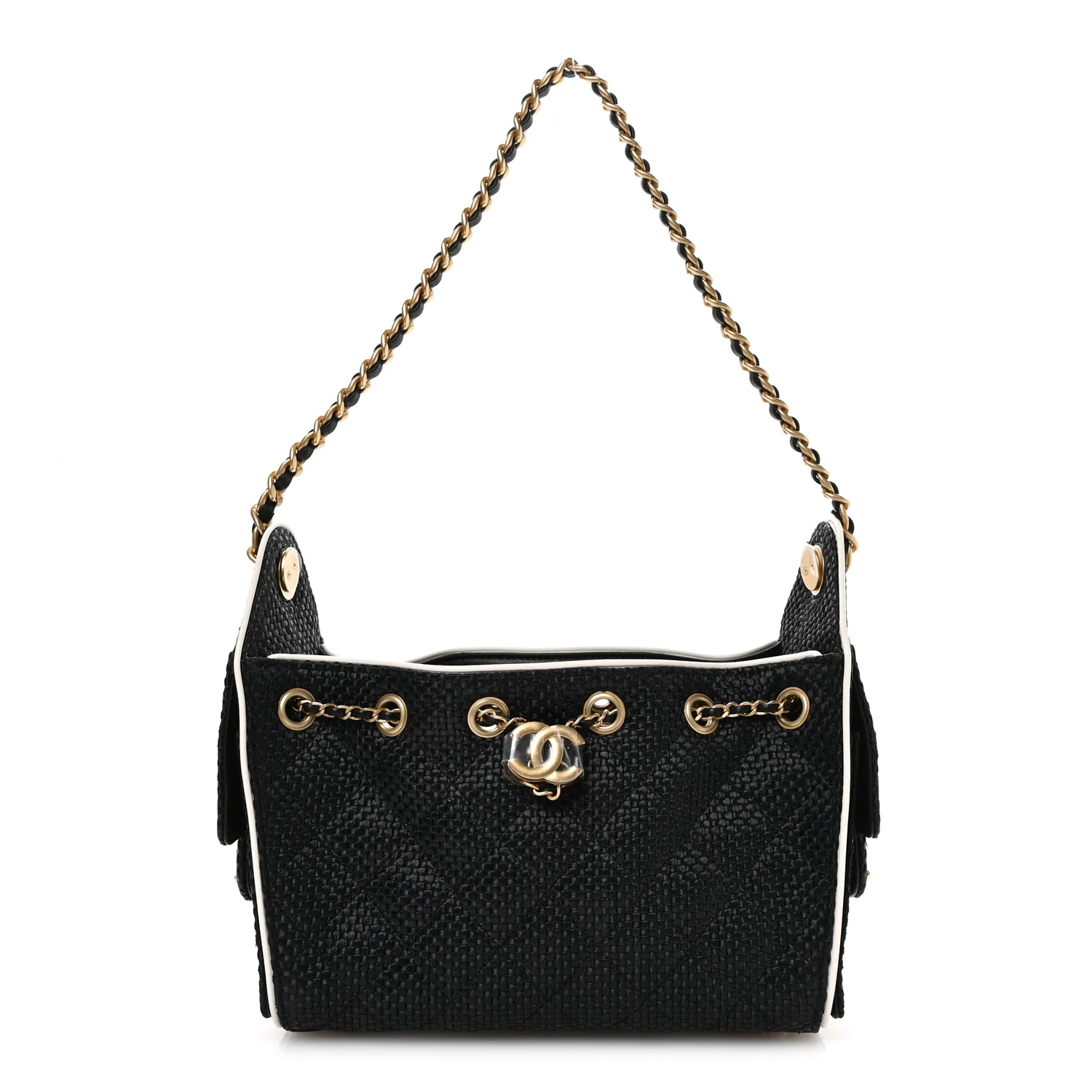 Braided Raffia Calfskin Mini Chanel 25 Handbag Black White