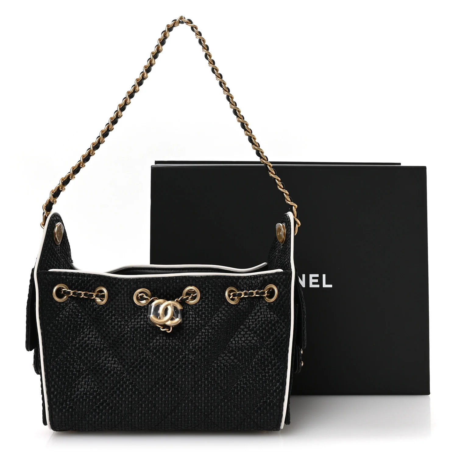 Braided Raffia Calfskin Mini Chanel 25 Handbag Black White - Image 11