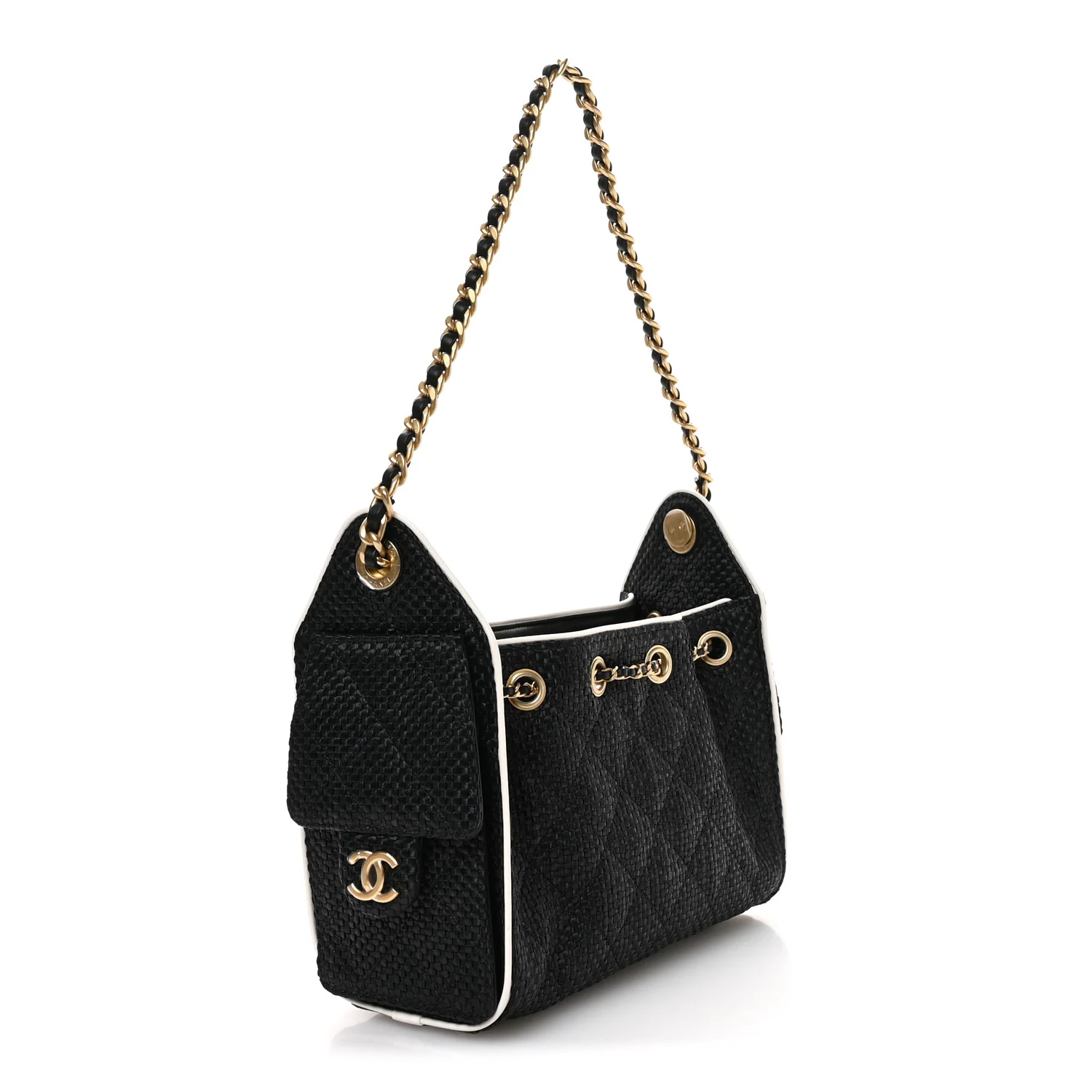 Braided Raffia Calfskin Mini Chanel 25 Handbag Black White - Image 3