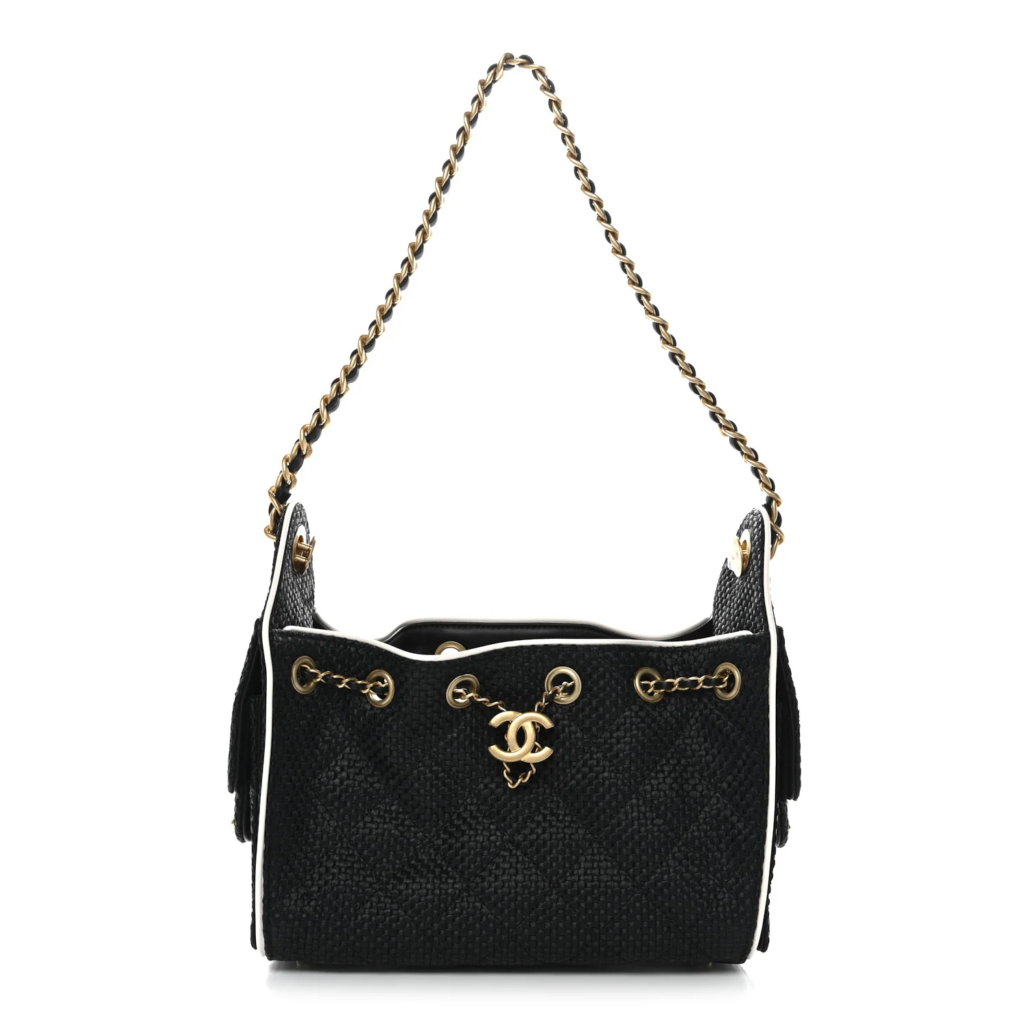 Braided Raffia Calfskin Quilted Mini Chanel 25 Handbag Black White