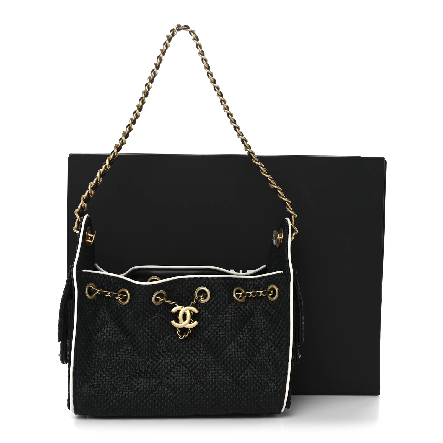 Braided Raffia Calfskin Quilted Mini Chanel 25 Handbag Black White - Image 11