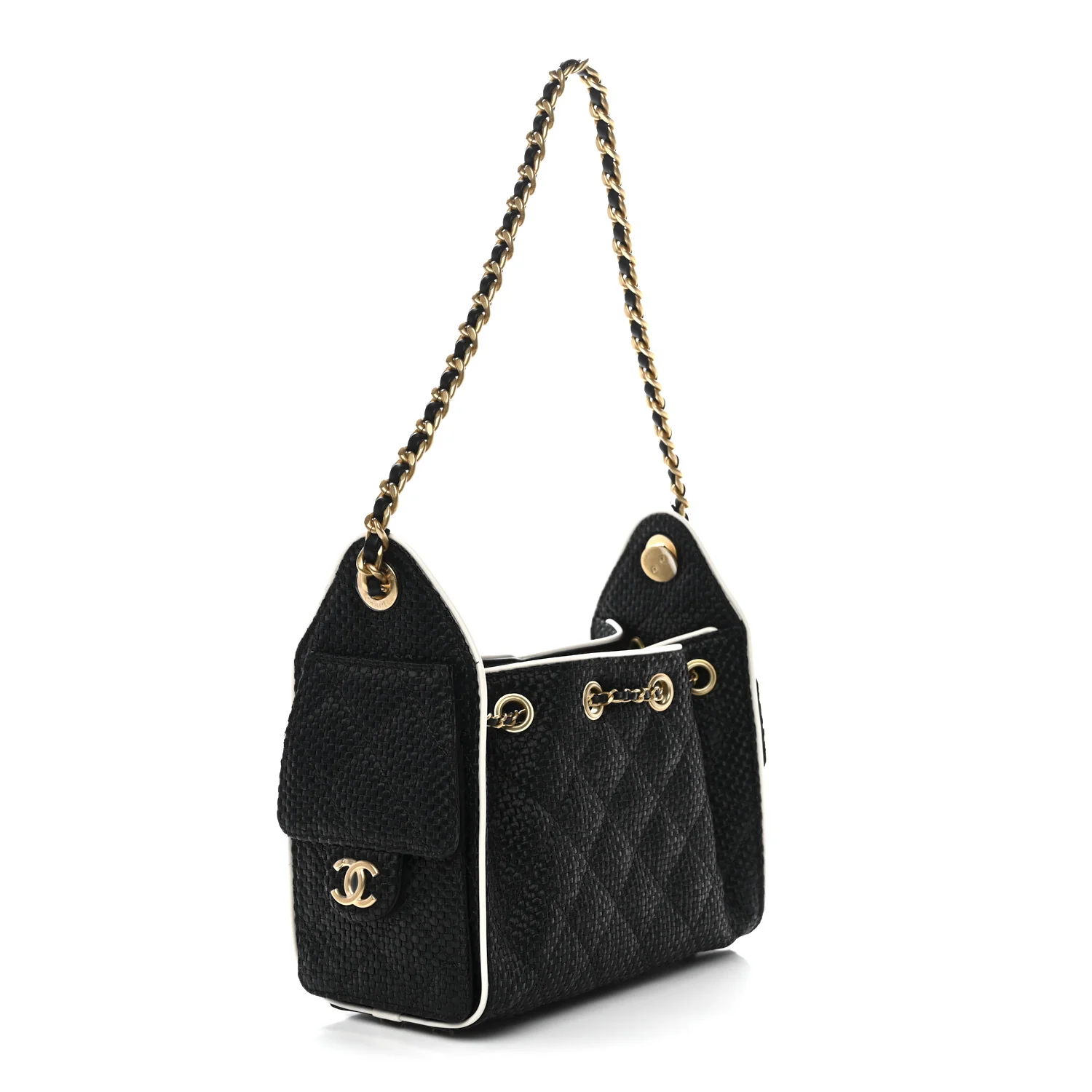 Braided Raffia Calfskin Quilted Mini Chanel 25 Handbag Black White - Image 3