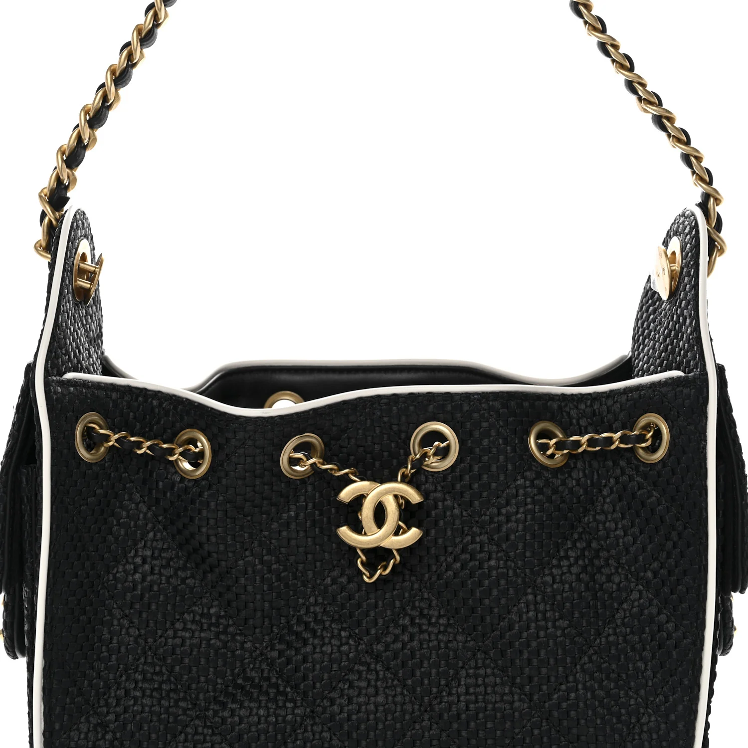 Braided Raffia Calfskin Quilted Mini Chanel 25 Handbag Black White - Image 8