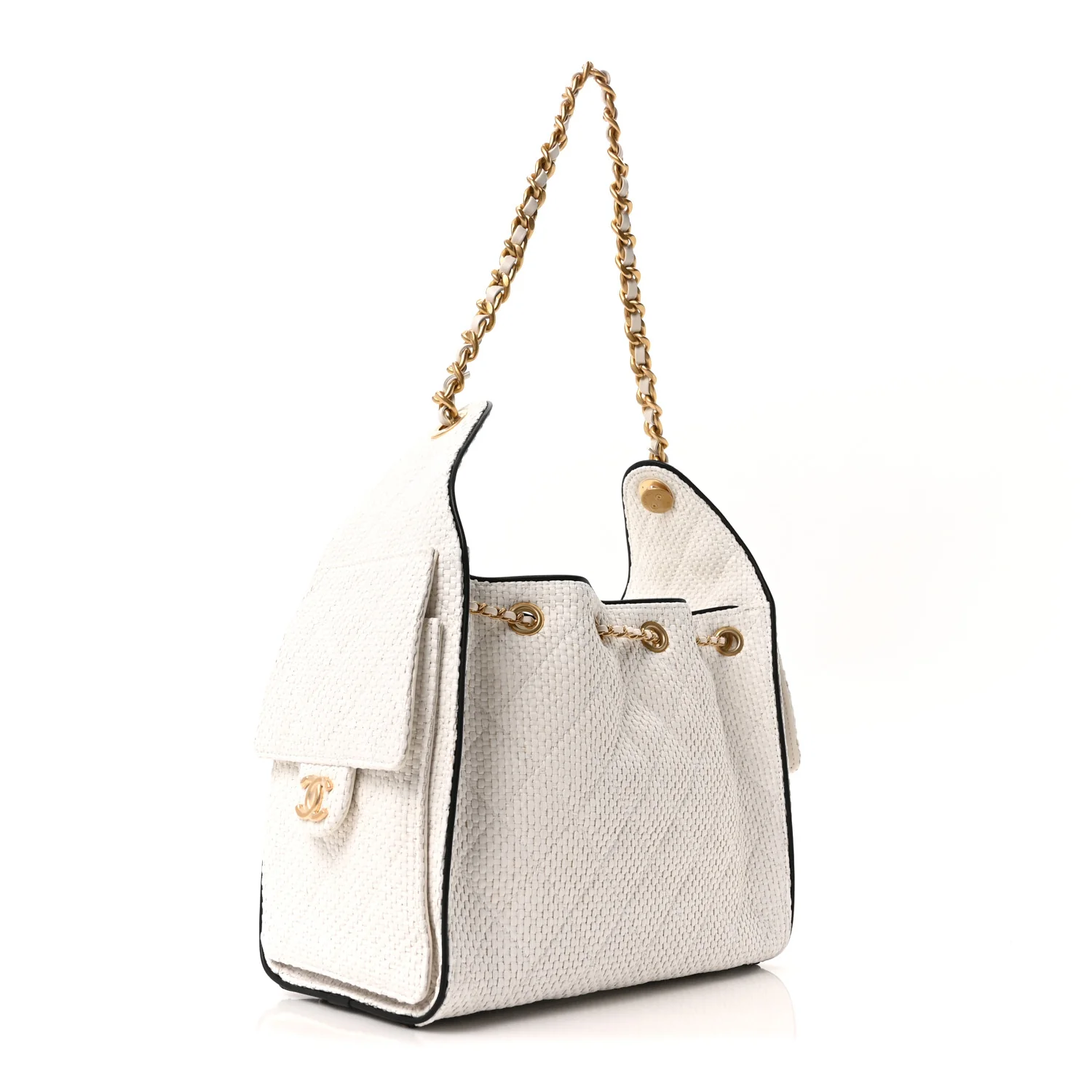 Braided Raffia Calfskin Quilted Small Chanel 25 Handbag White Black - Image 5