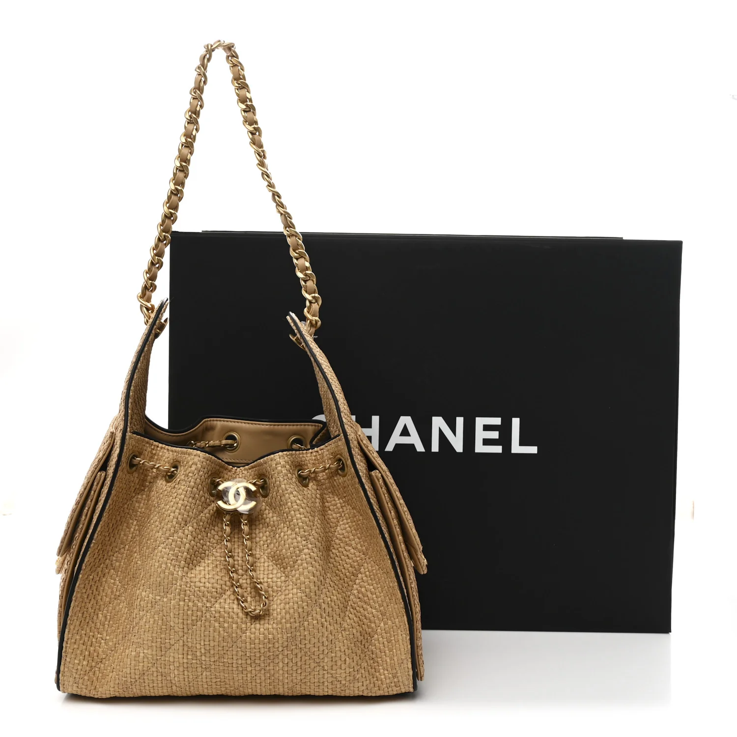 Braided Raffia Calfskin Small Chanel 25 Handbag Beige Black - Image 11