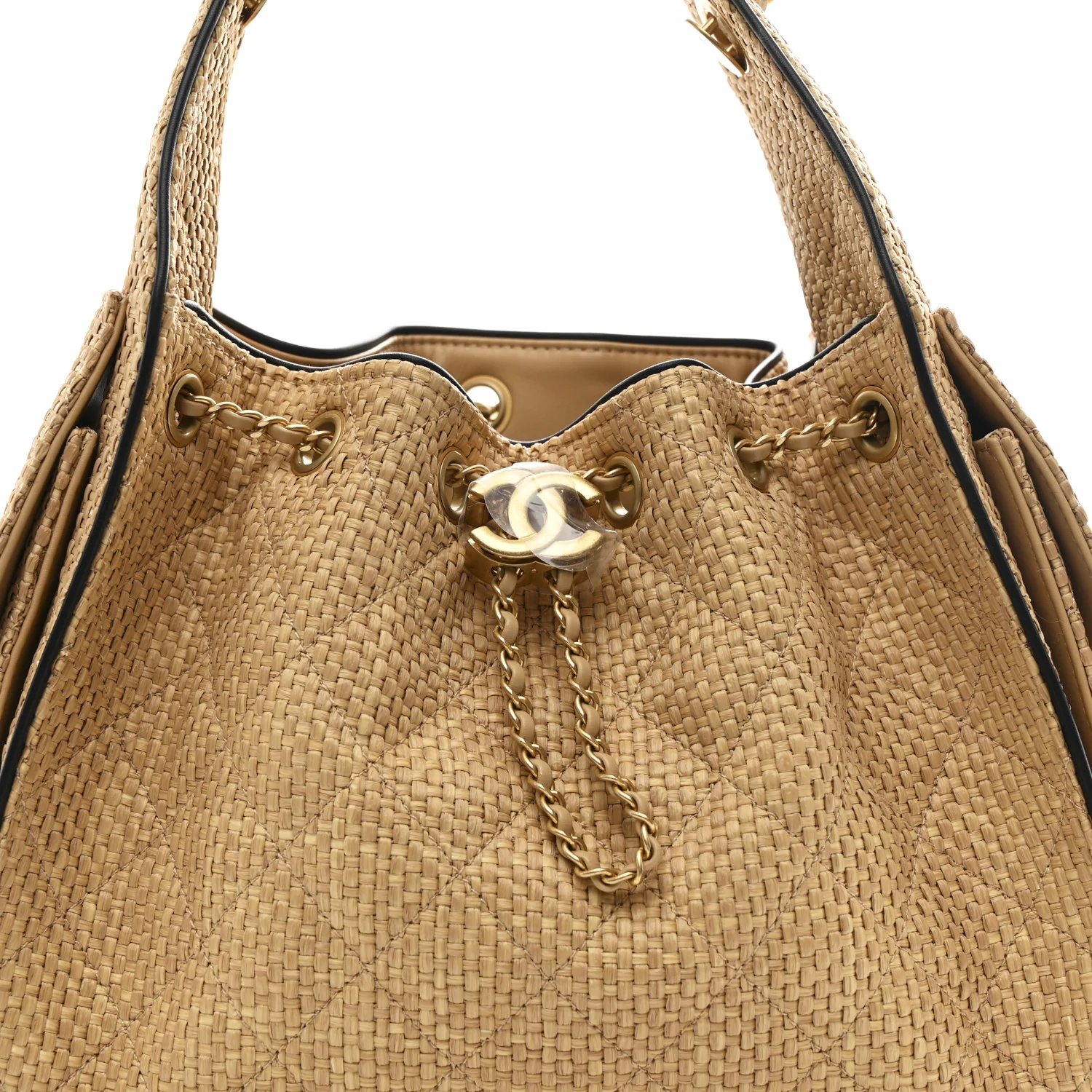 Braided Raffia Calfskin Small Chanel 25 Handbag Beige Black - Image 9