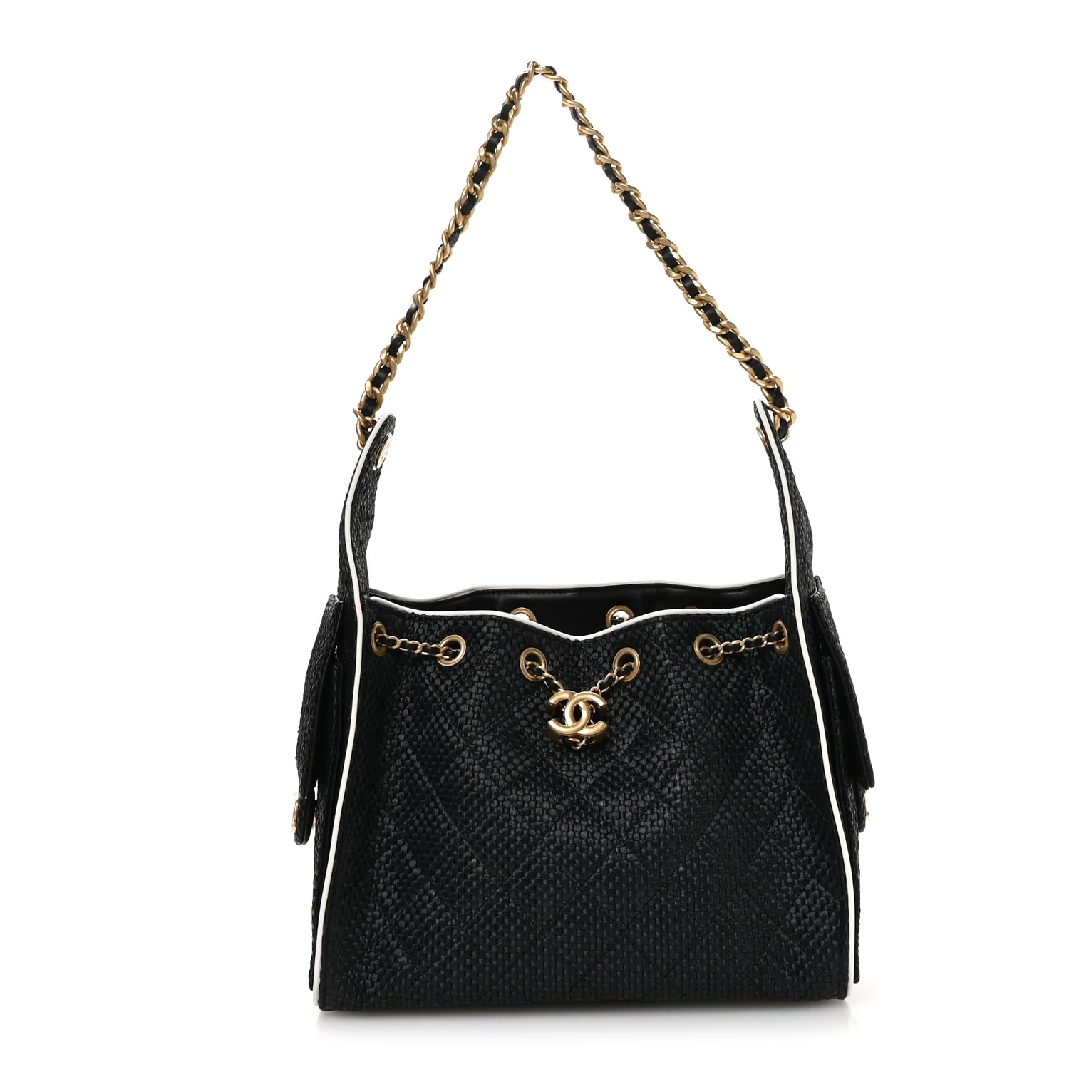 Braided Raffia Calfskin Small Chanel 25 Handbag Black White