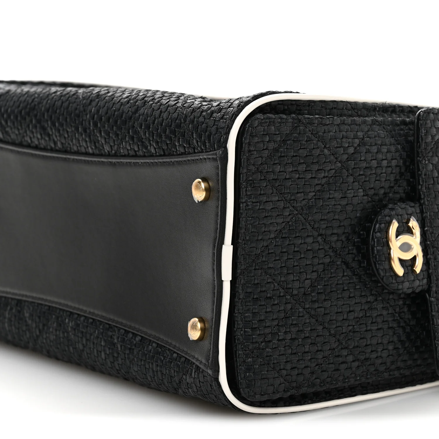 Braided Raffia Calfskin Small Chanel 25 Handbag Black White - Image 10