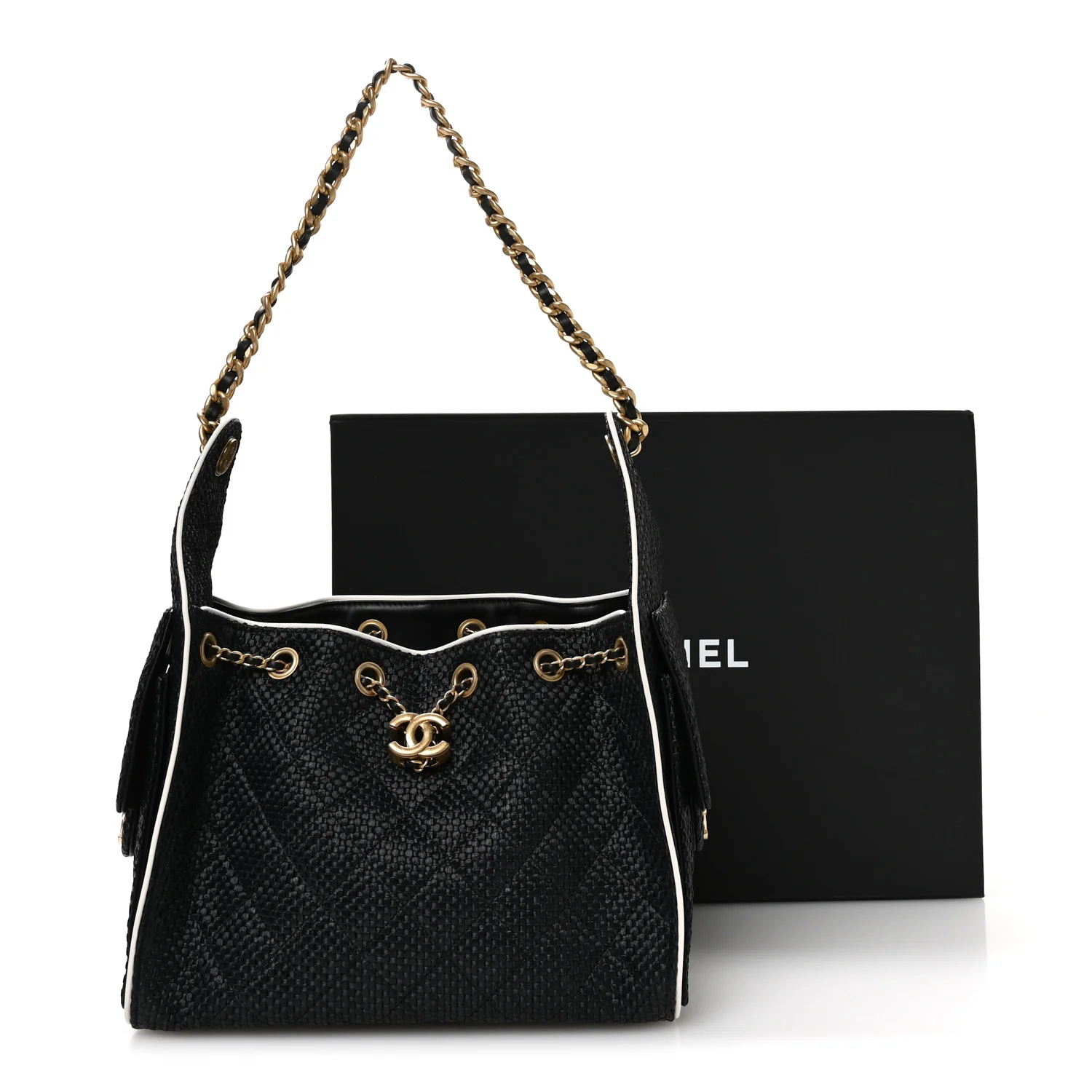 Braided Raffia Calfskin Small Chanel 25 Handbag Black White - Image 11