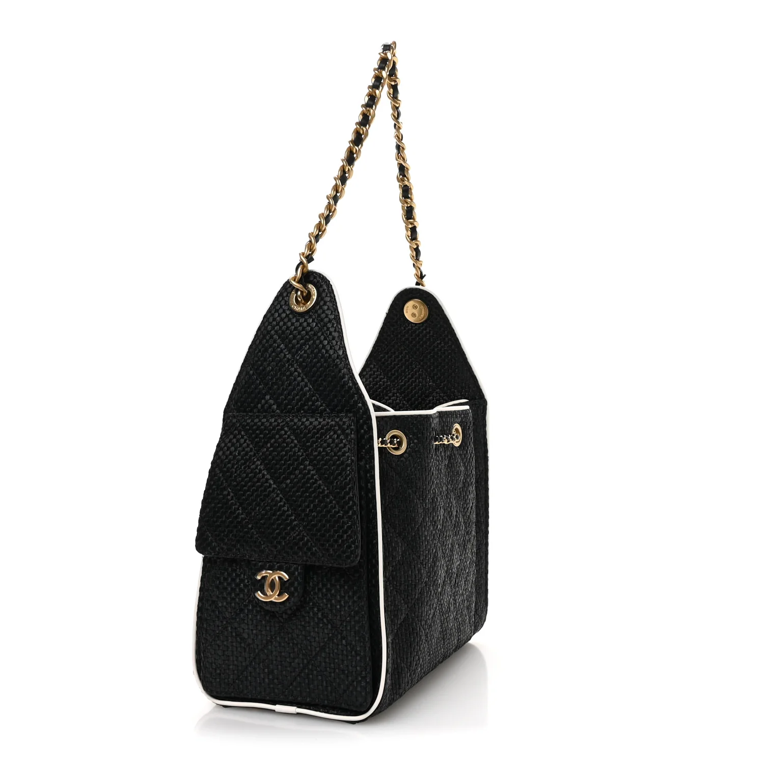 Braided Raffia Calfskin Small Chanel 25 Handbag Black White - Image 3