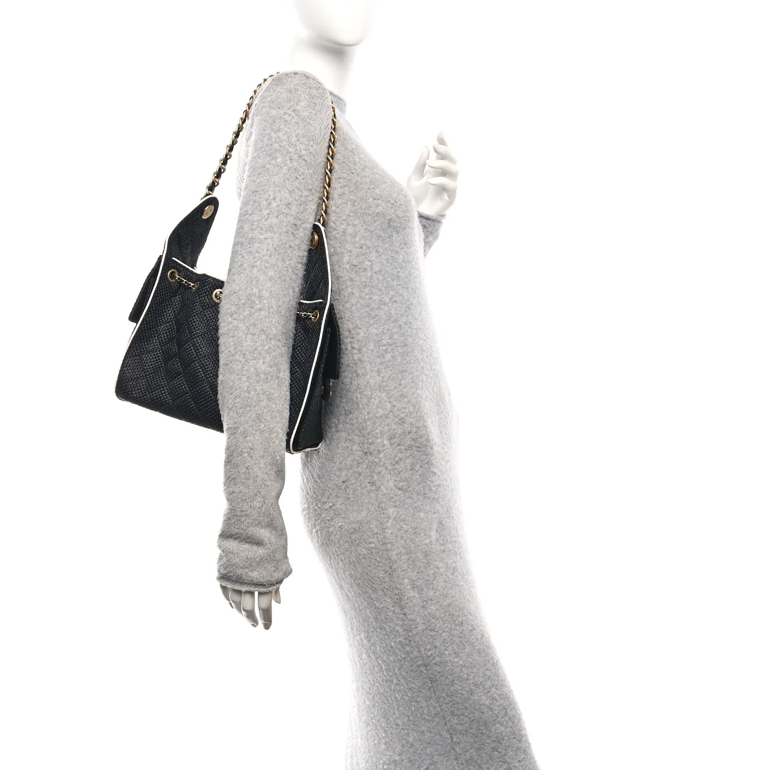 Braided Raffia Calfskin Small Chanel 25 Handbag Black White - Image 3