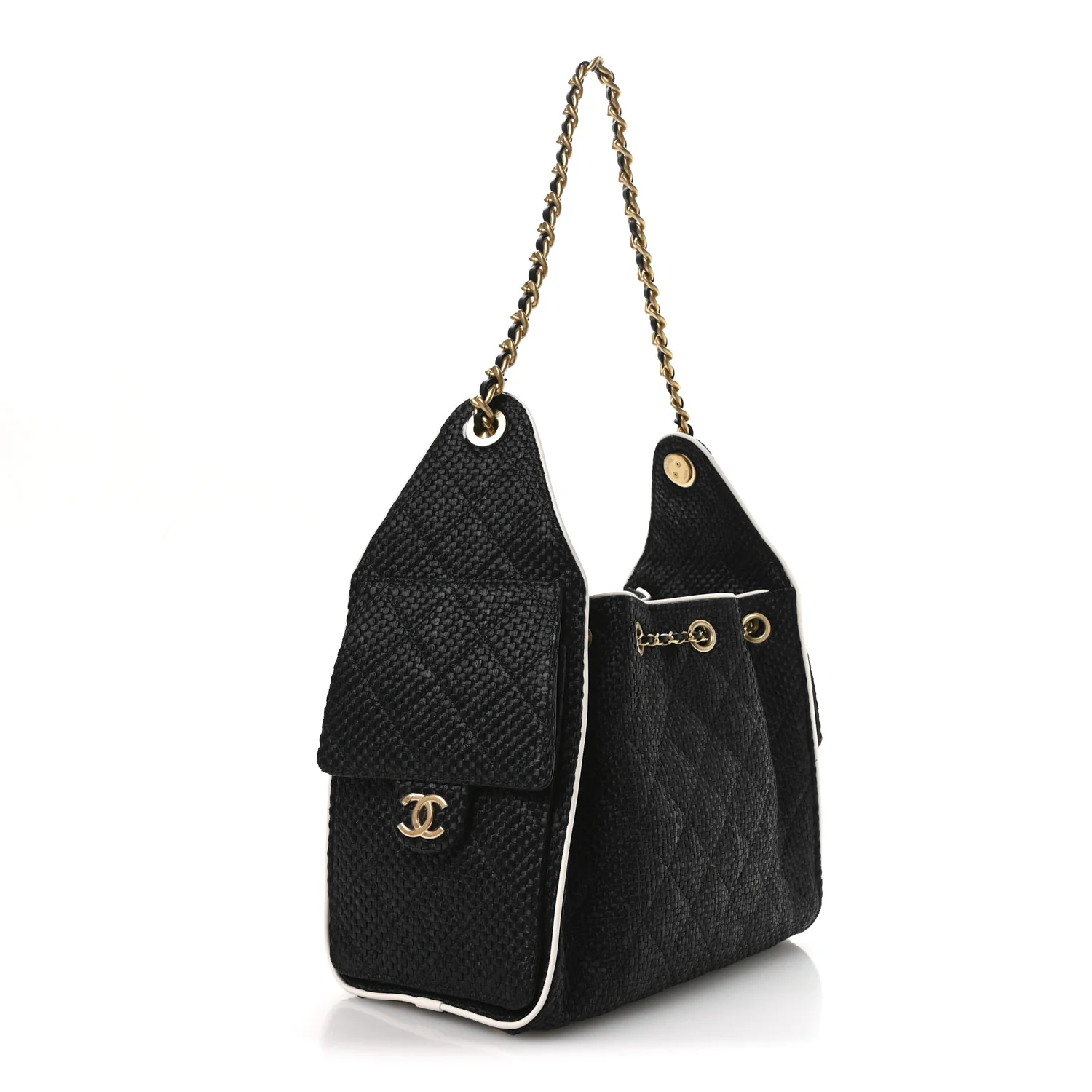 Braided Raffia Calfskin Small Chanel 25 Handbag Black White - Image 5