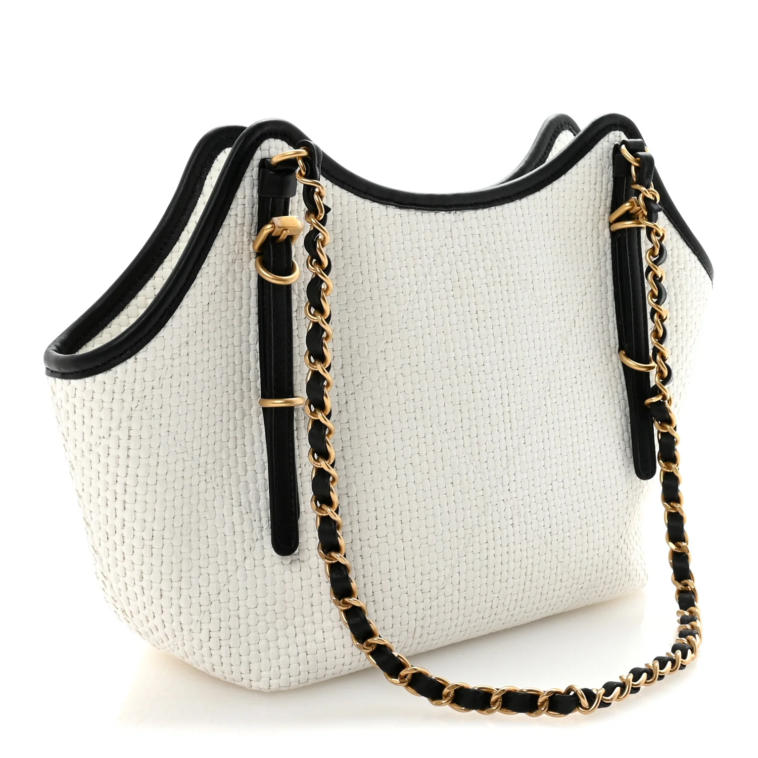 Braided Raffia Calfskin Small Shopping Bag White Black - Image 3
