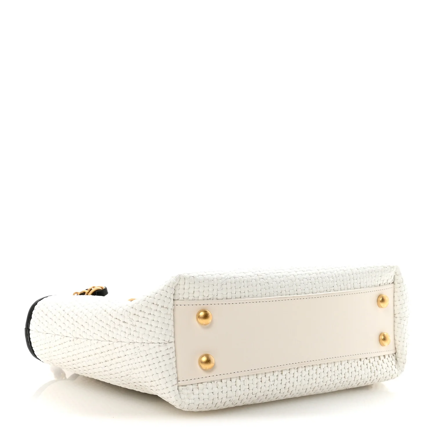 Braided Raffia Calfskin Small Shopping Bag White Black - Image 4
