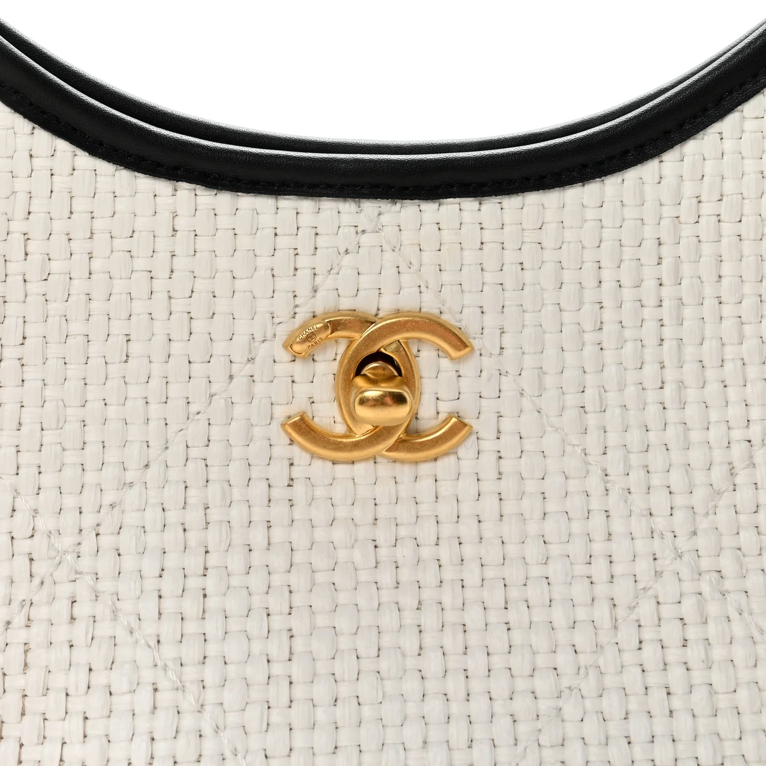 Braided Raffia Calfskin Small Shopping Bag White Black - Image 8