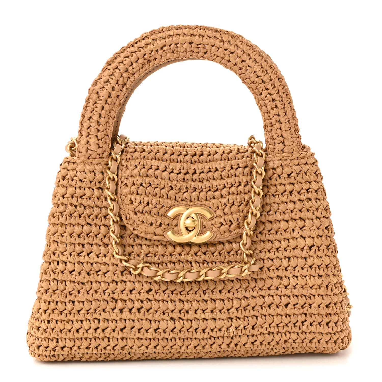 Braided Raffia Nano Kelly Flap Bag Dark Beige