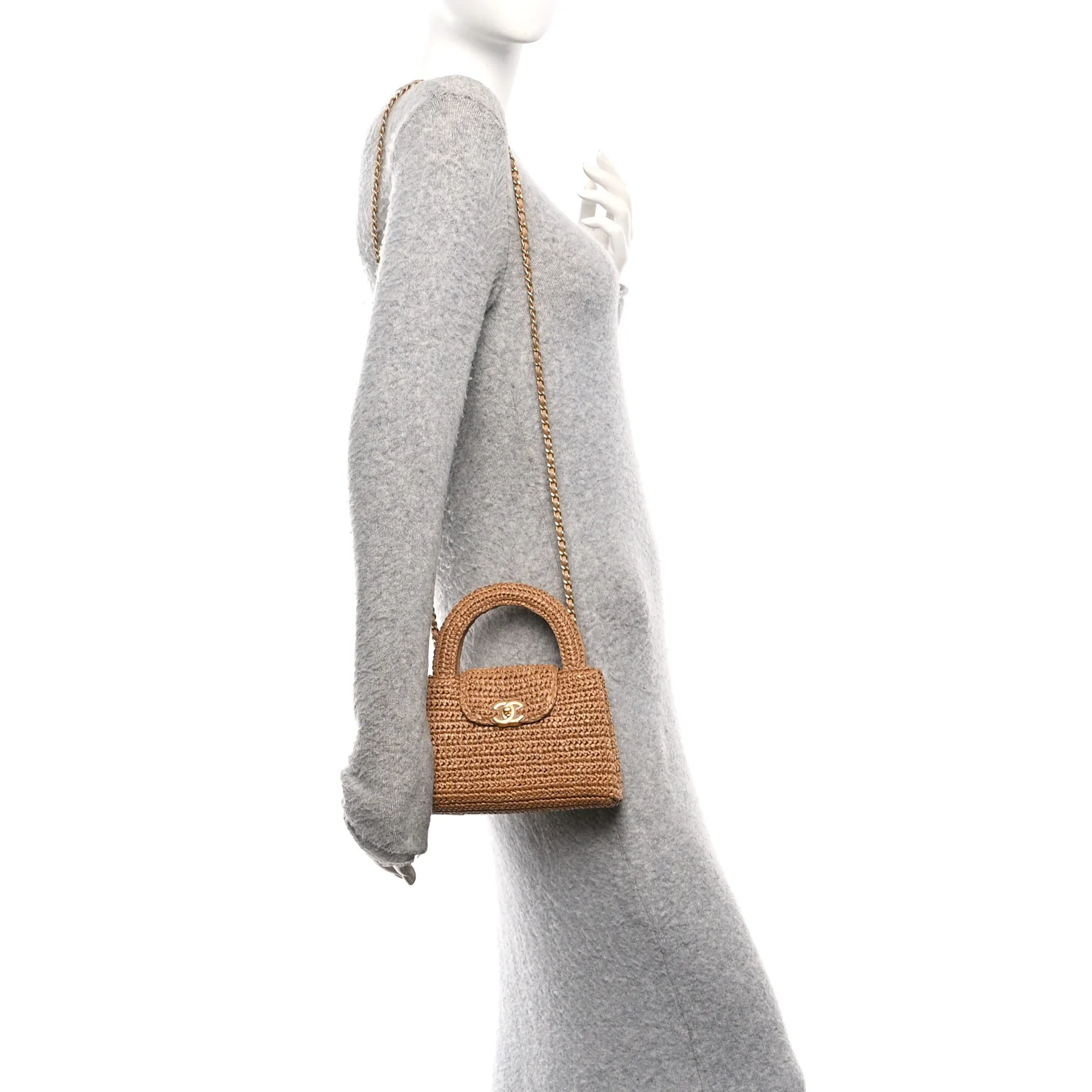 Braided Raffia Nano Kelly Flap Bag Dark Beige - Image 2