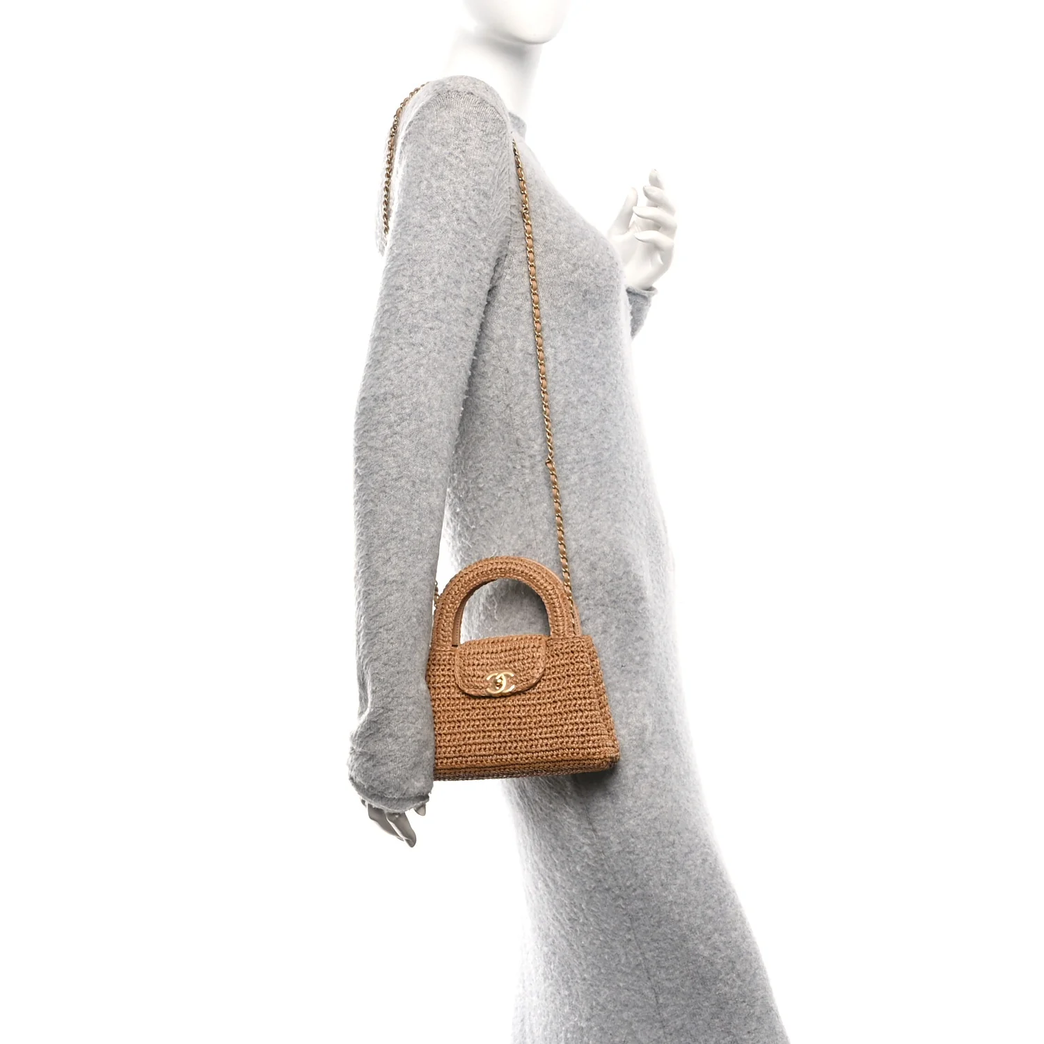 Braided Raffia Nano Kelly Flap Bag Dark Beige - Image 2
