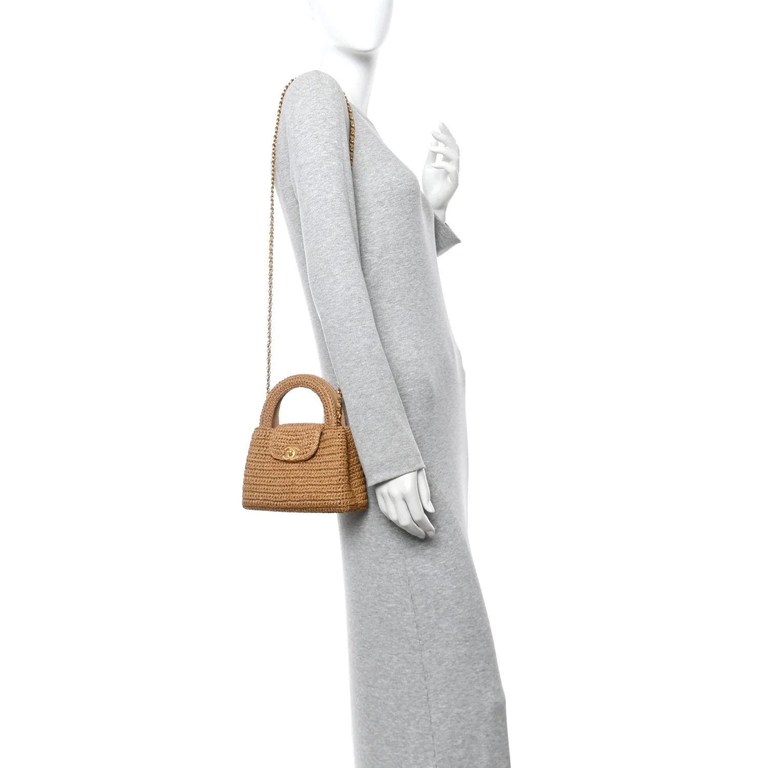 Braided Raffia Nano Kelly Flap Bag Dark Beige - Image 2