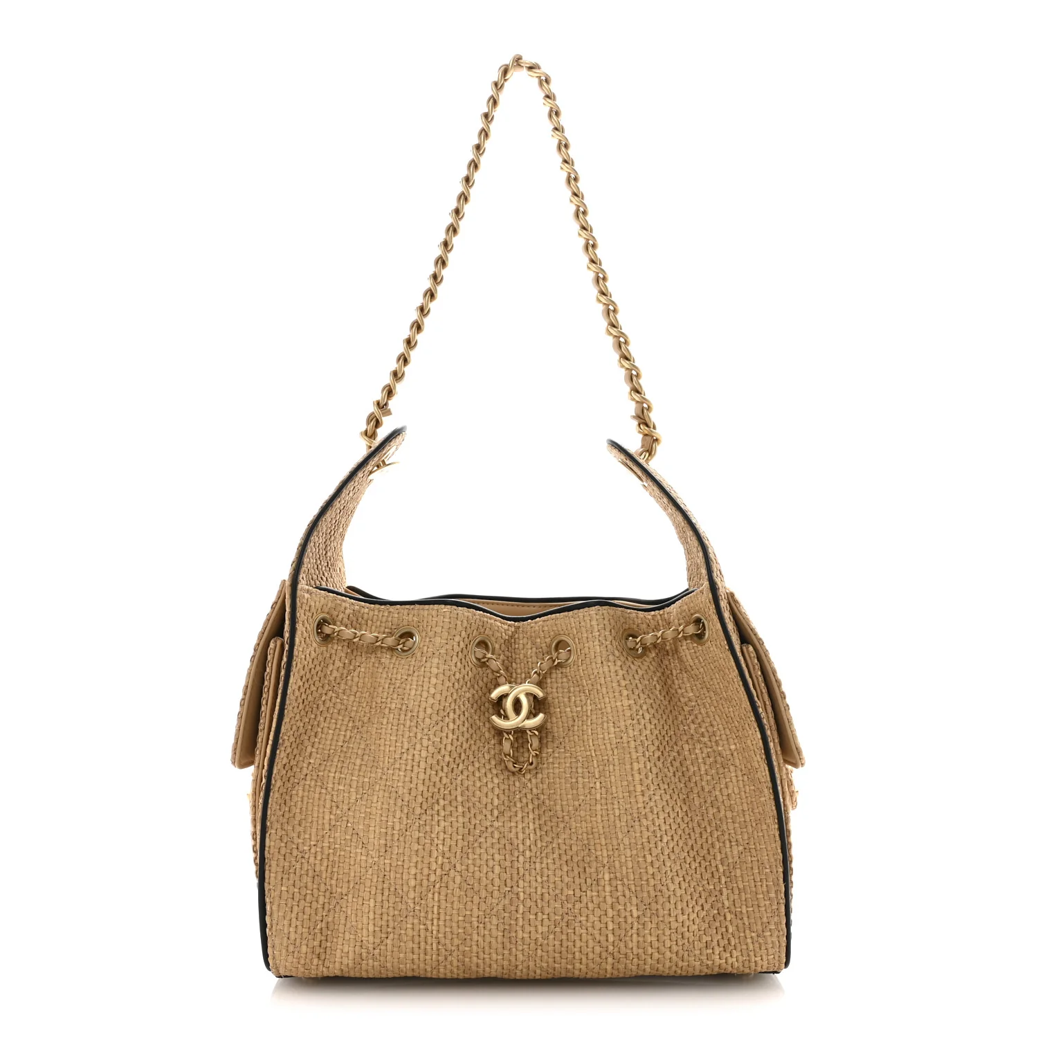 Braided Raffia Quilted Small Chanel 25 Handbag Beige Black
