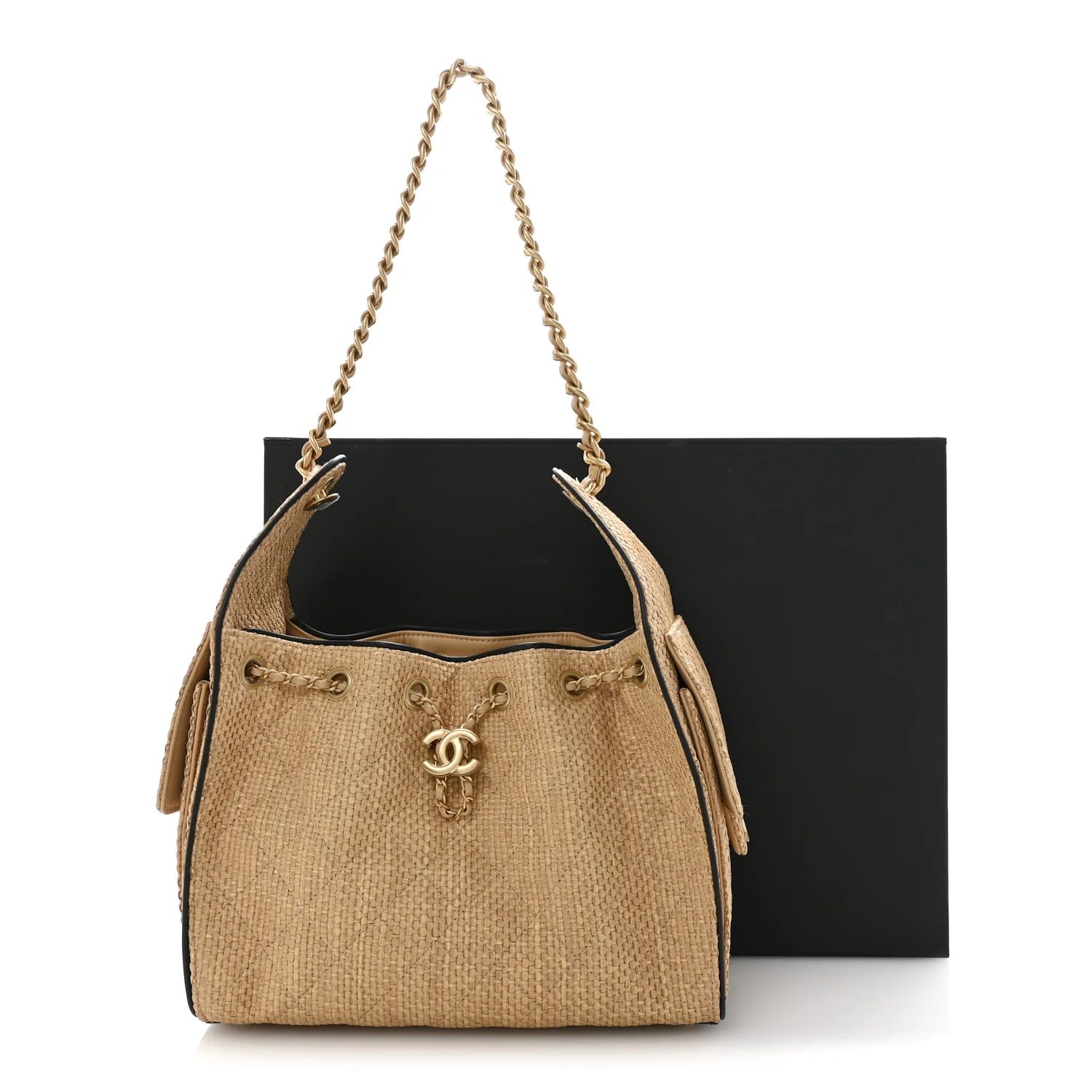 Braided Raffia Quilted Small Chanel 25 Handbag Beige Black - Image 12