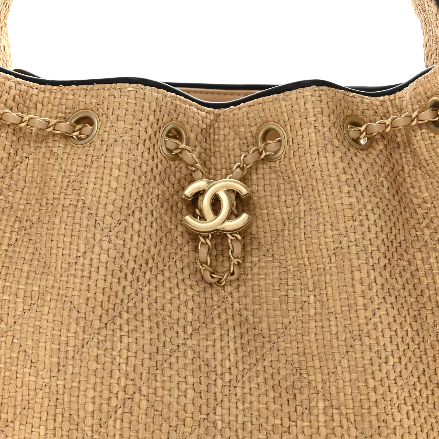Braided Raffia Quilted Small Chanel 25 Handbag Beige Black - Image 8