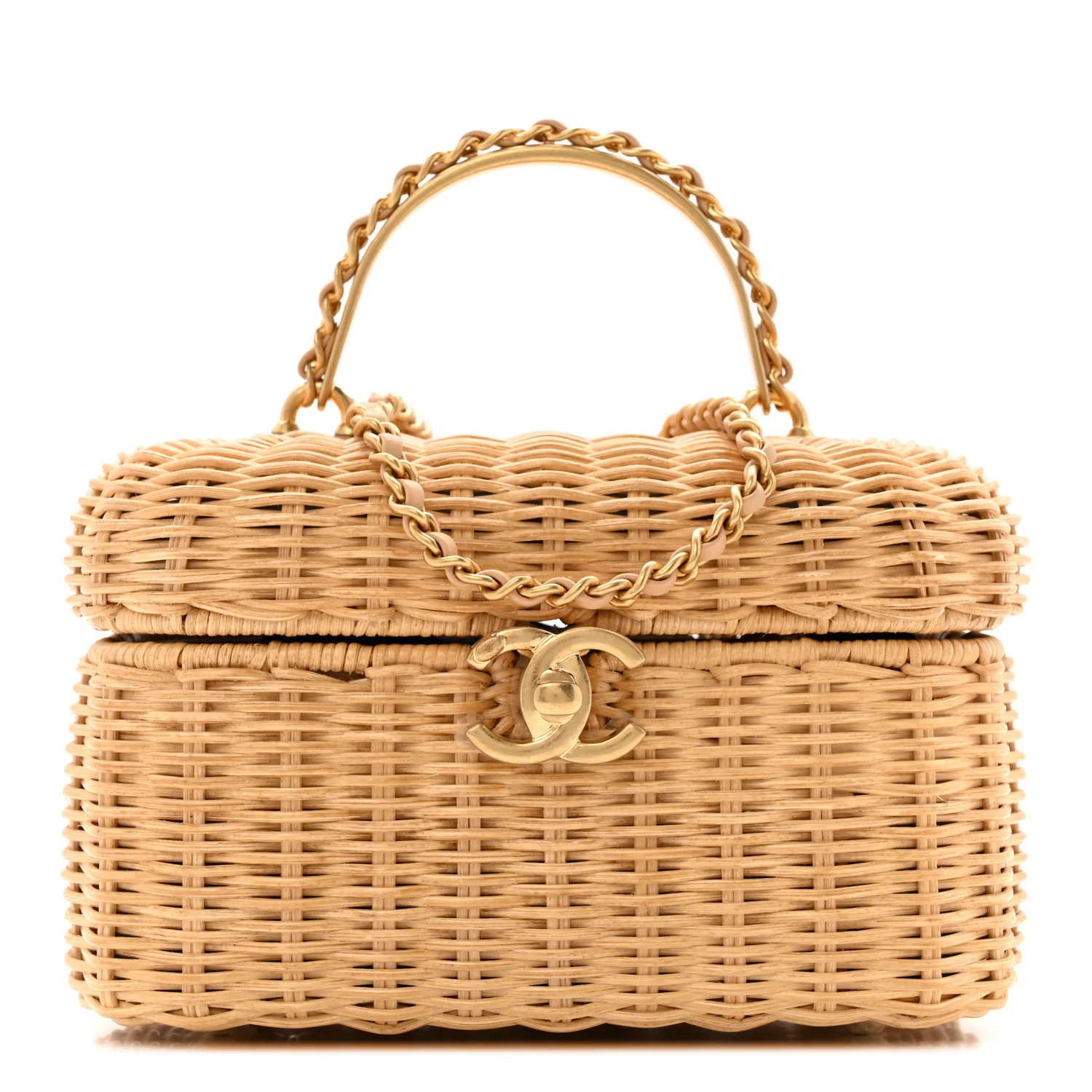 Braided Rattan Top Handle Vanity Case Beige
