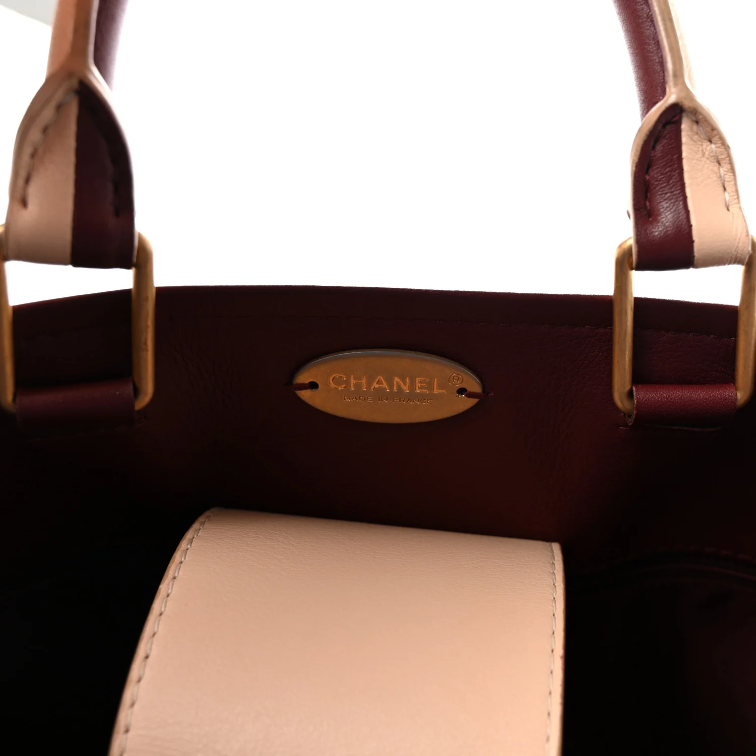Bullskin Stitched Bi-Color Large Shopping Tote Beige Burgundy - Image 6