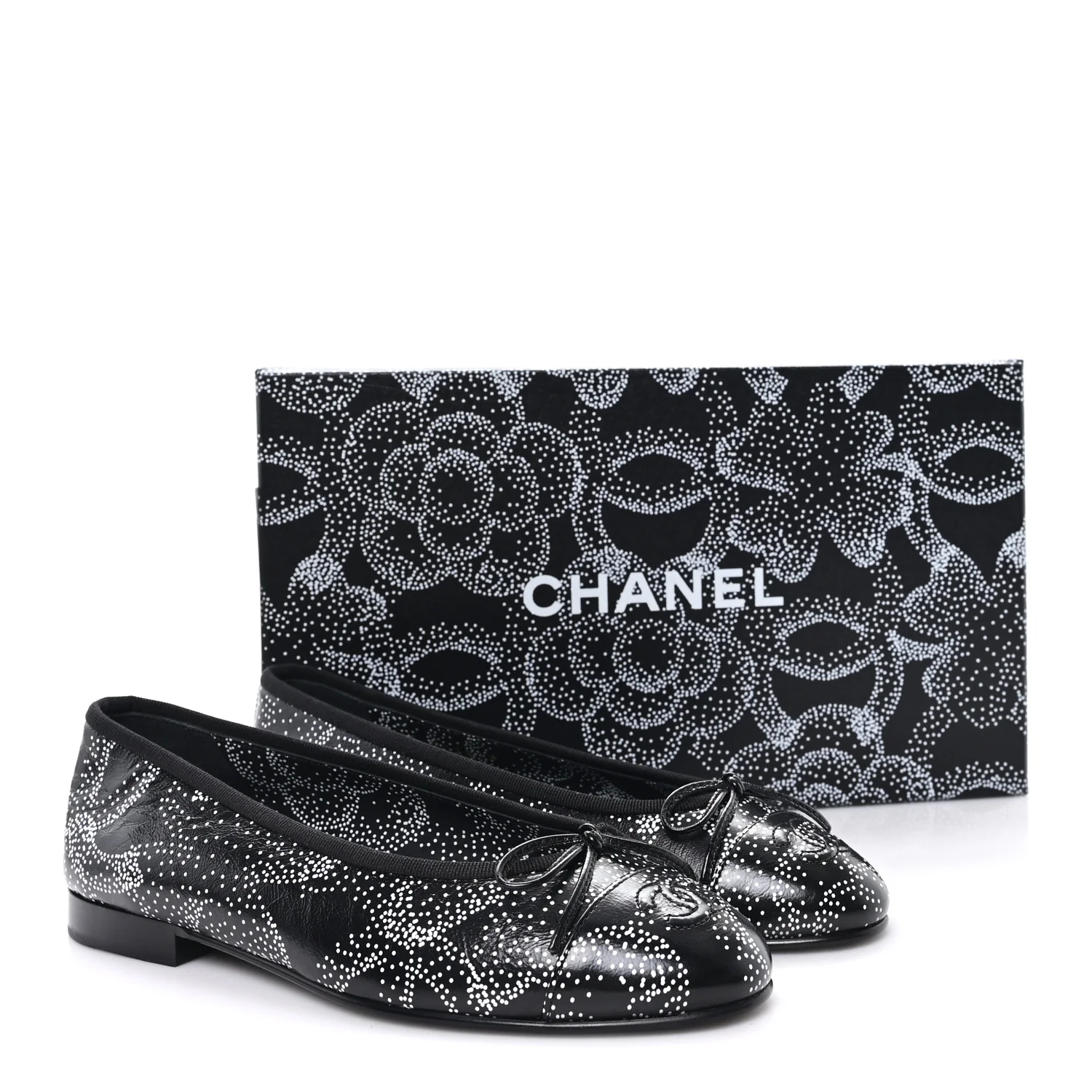 Calfskin Camellia Printed Cap Toe Ballerina Flats 36 Black White - Image 10