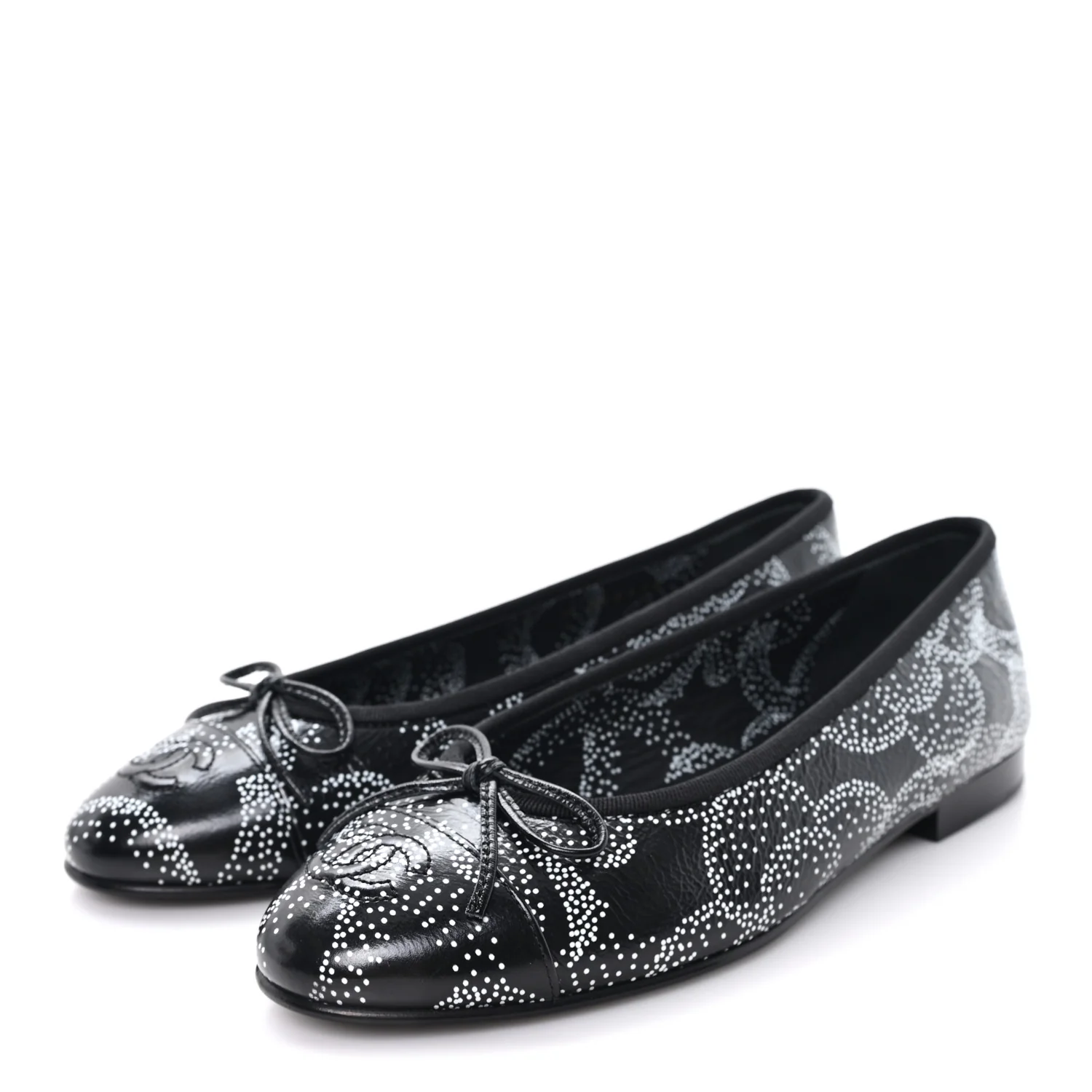 Calfskin Camellia Printed Cap Toe Ballerina Flats 36.5 Black White - Image 4