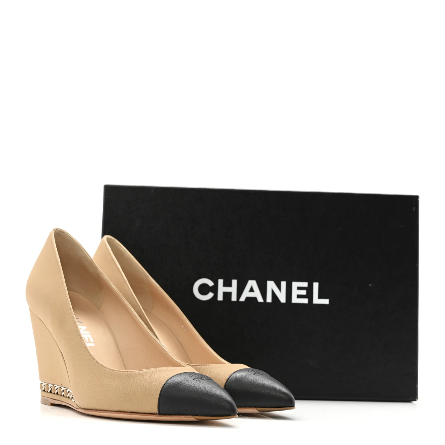 Calfskin Cap Toe Chain Wedge Pumps 36 Marron Clair Black - Image 13
