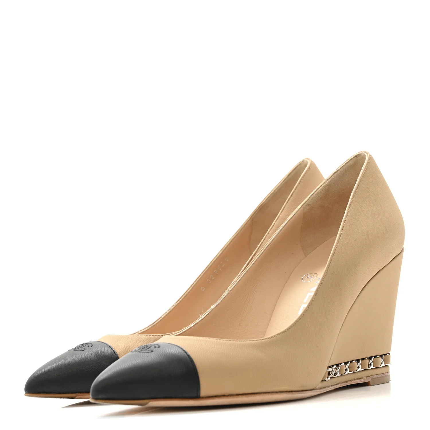 Calfskin Cap Toe Chain Wedge Pumps 36 Marron Clair Black - Image 4