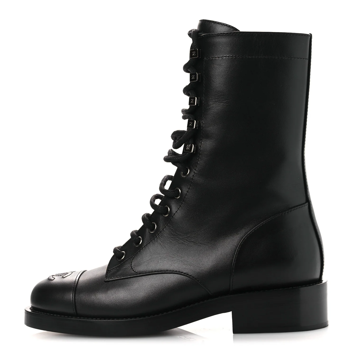 Calfskin Cap Toe Lace Up Combat Boots 37.5 Black