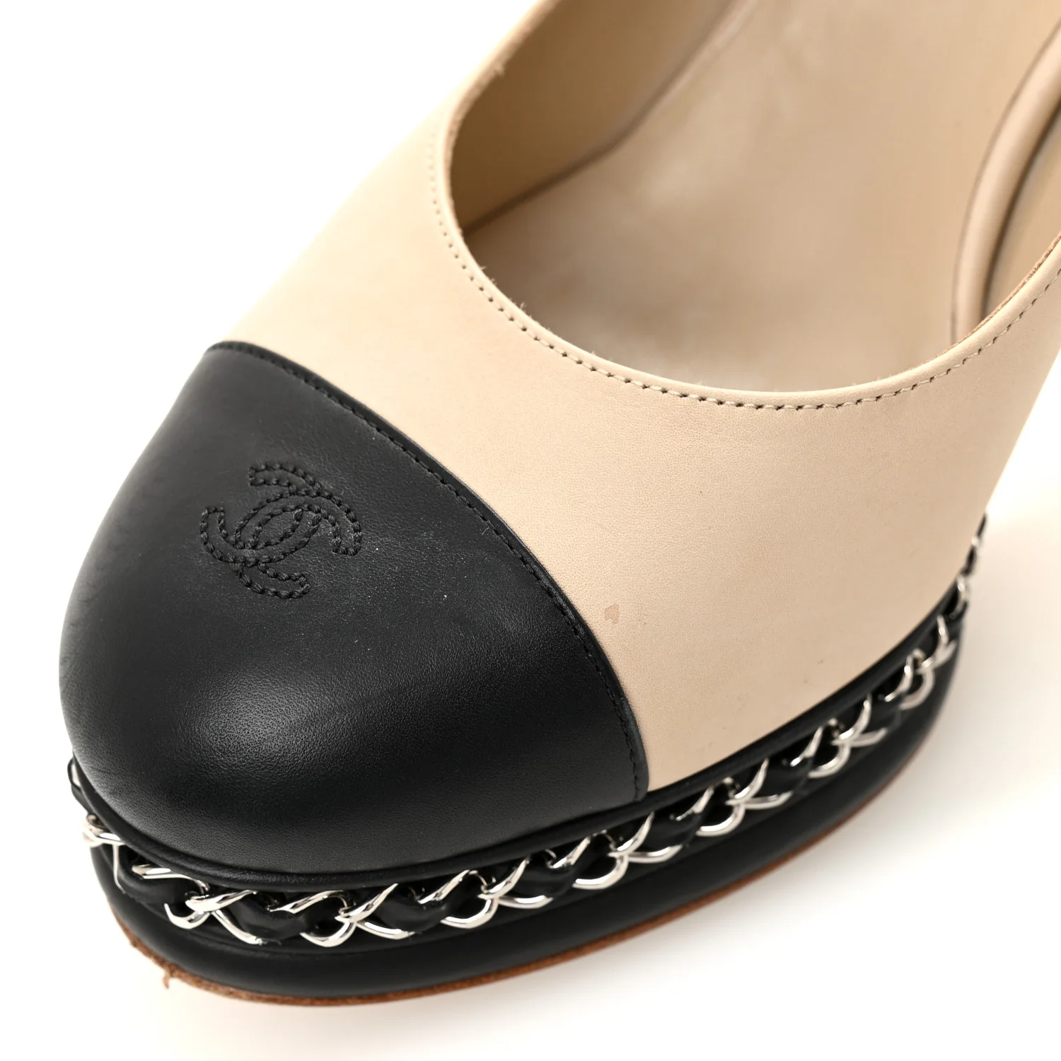 Calfskin CC Cap Toe Platform Chain Pumps 39 Beige Black - Image 11