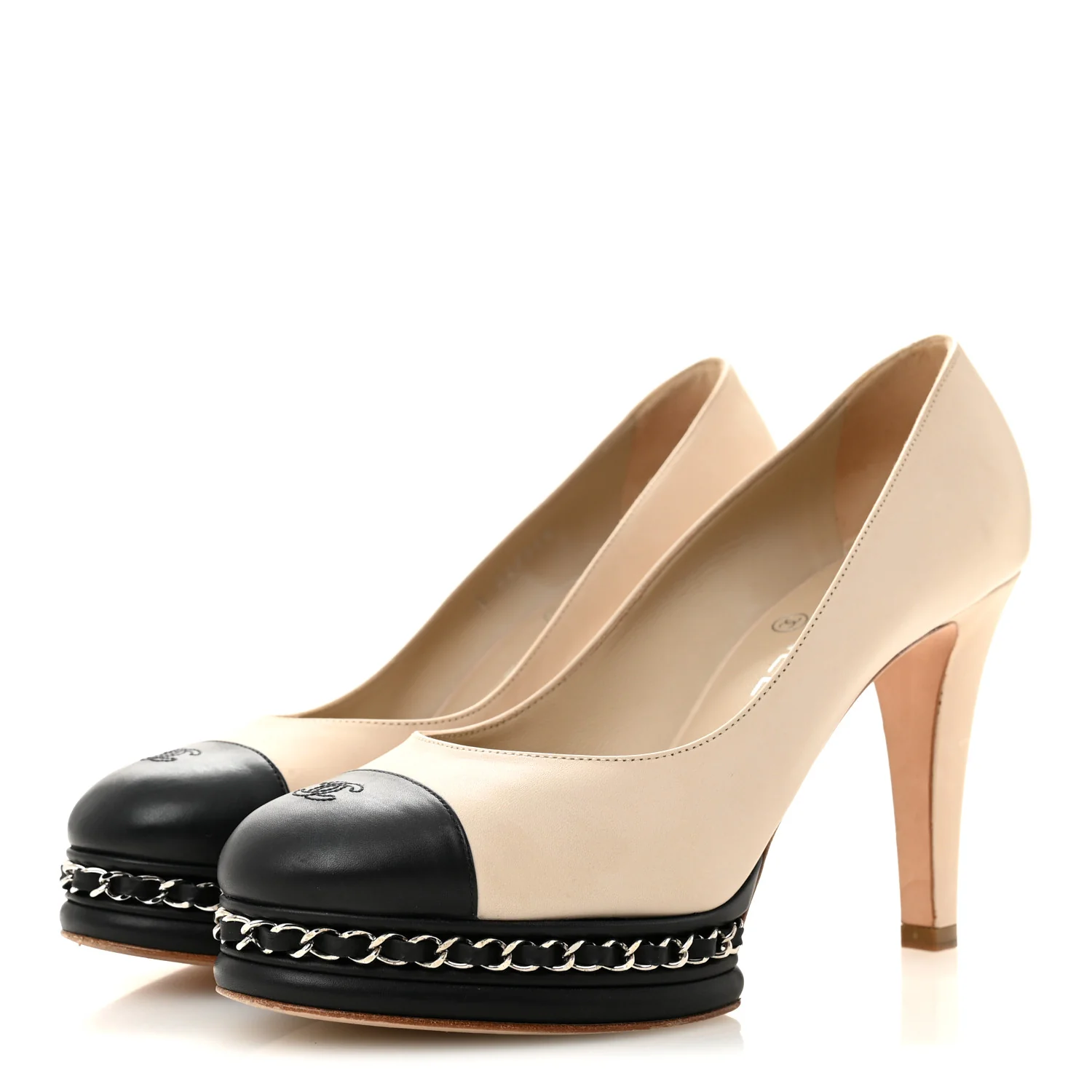 Calfskin CC Cap Toe Platform Chain Pumps 39 Beige Black - Image 4