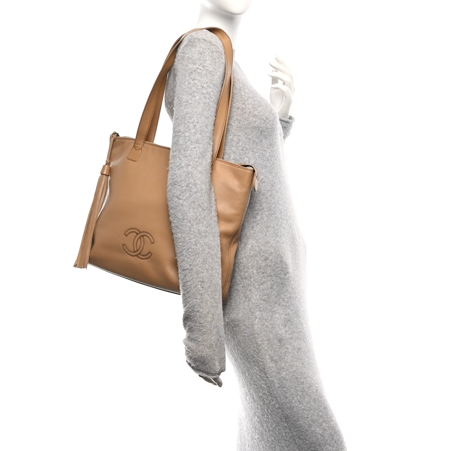 Calfskin CC Tassel Shopping Tote Beige - Image 2