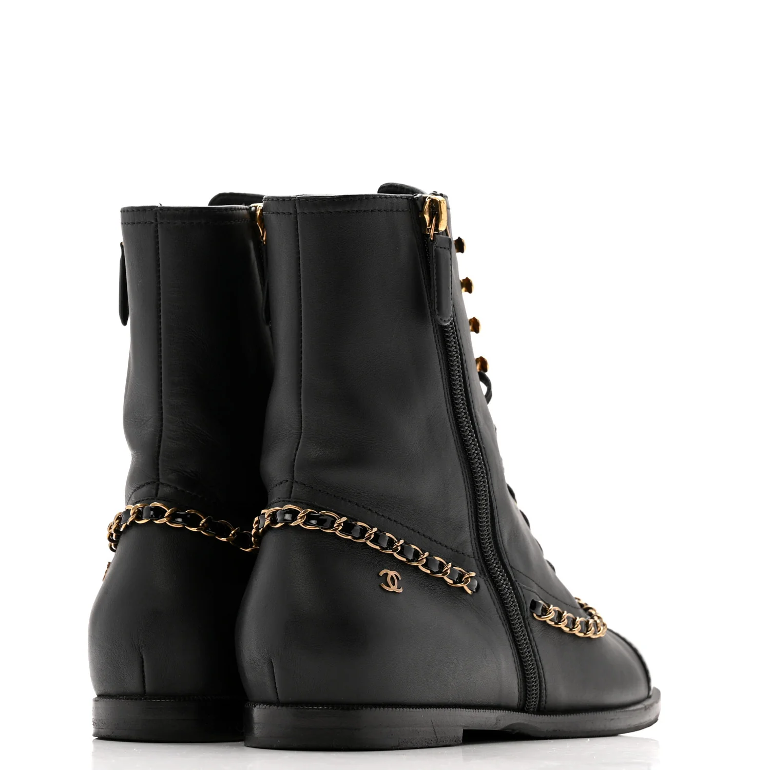 Calfskin Chain Lace Up Boots 38.5 Black - Image 5