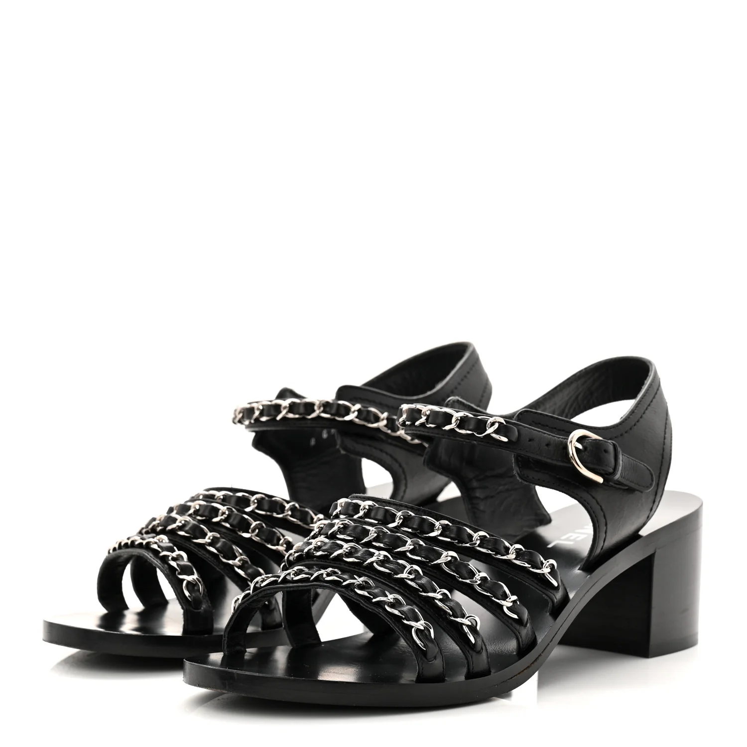 Calfskin Chain Sandals 37 Black - Image 3