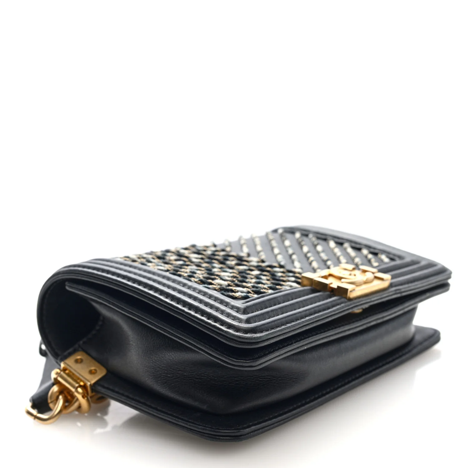 Calfskin Chevron Embroidered Boy By The Sea Flap Waist Belt Bag Black - Image 4