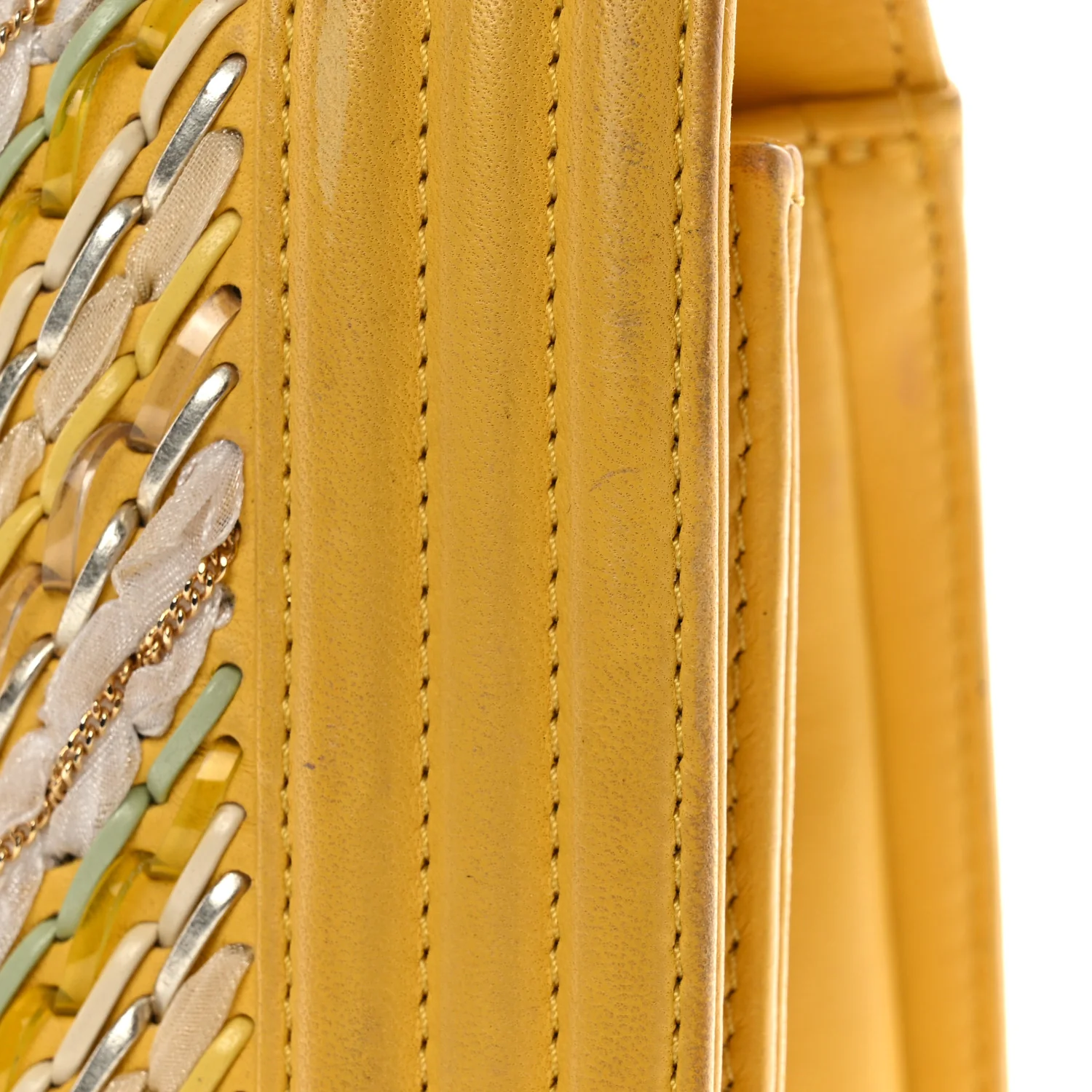 Calfskin Chevron Embroidered Medium Flap Yellow - Image 23