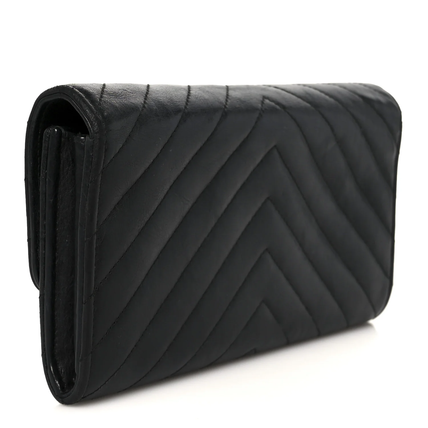 Calfskin Chevron Quilted Large Gusset Flap Wallet Black - Image 3